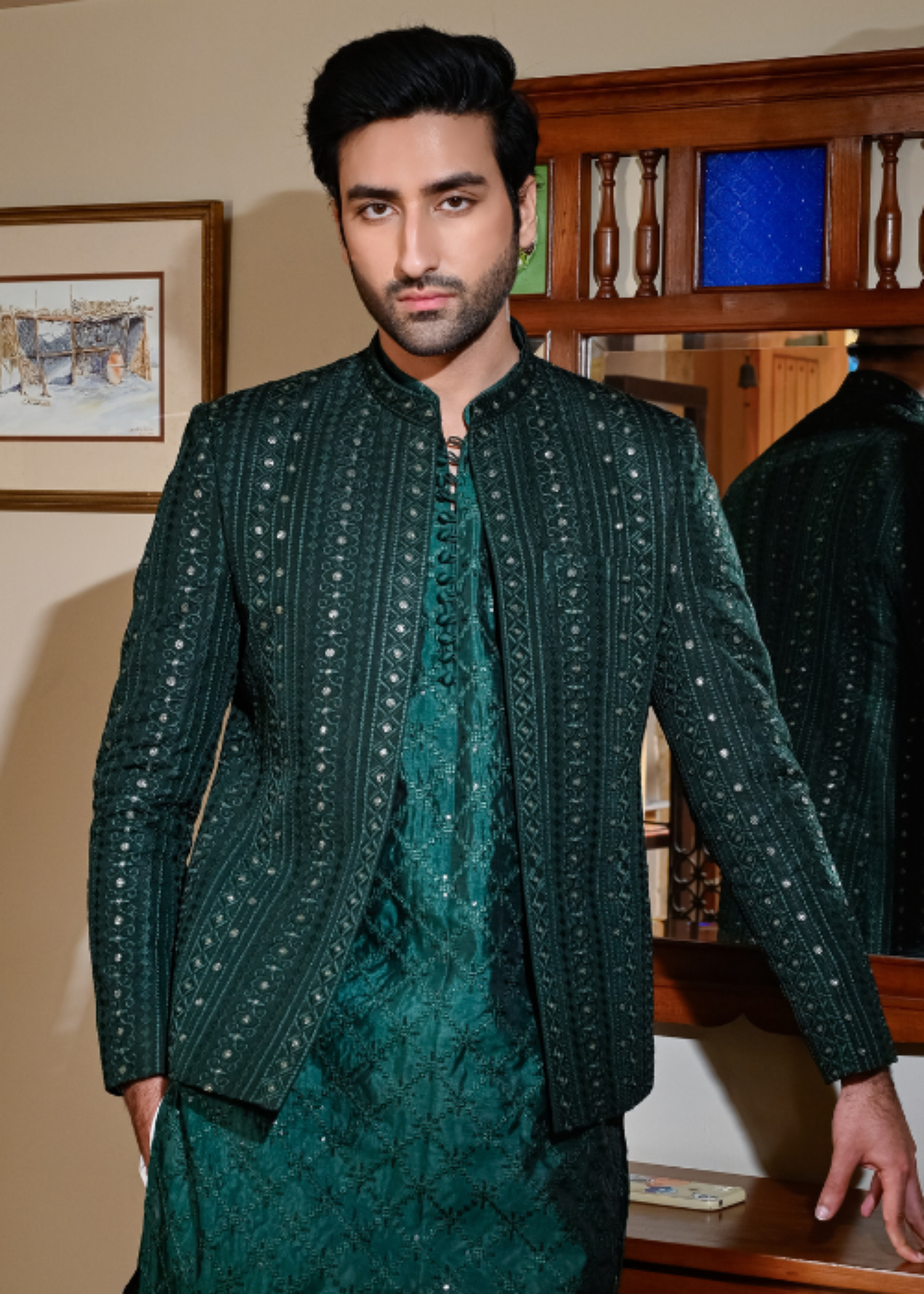 raw silk Prince Coat in Emerald green