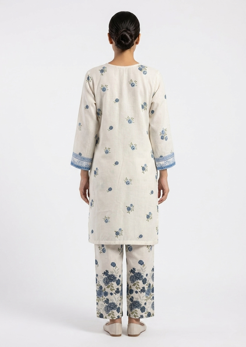 lawn Kurta Set in Blue, off-white