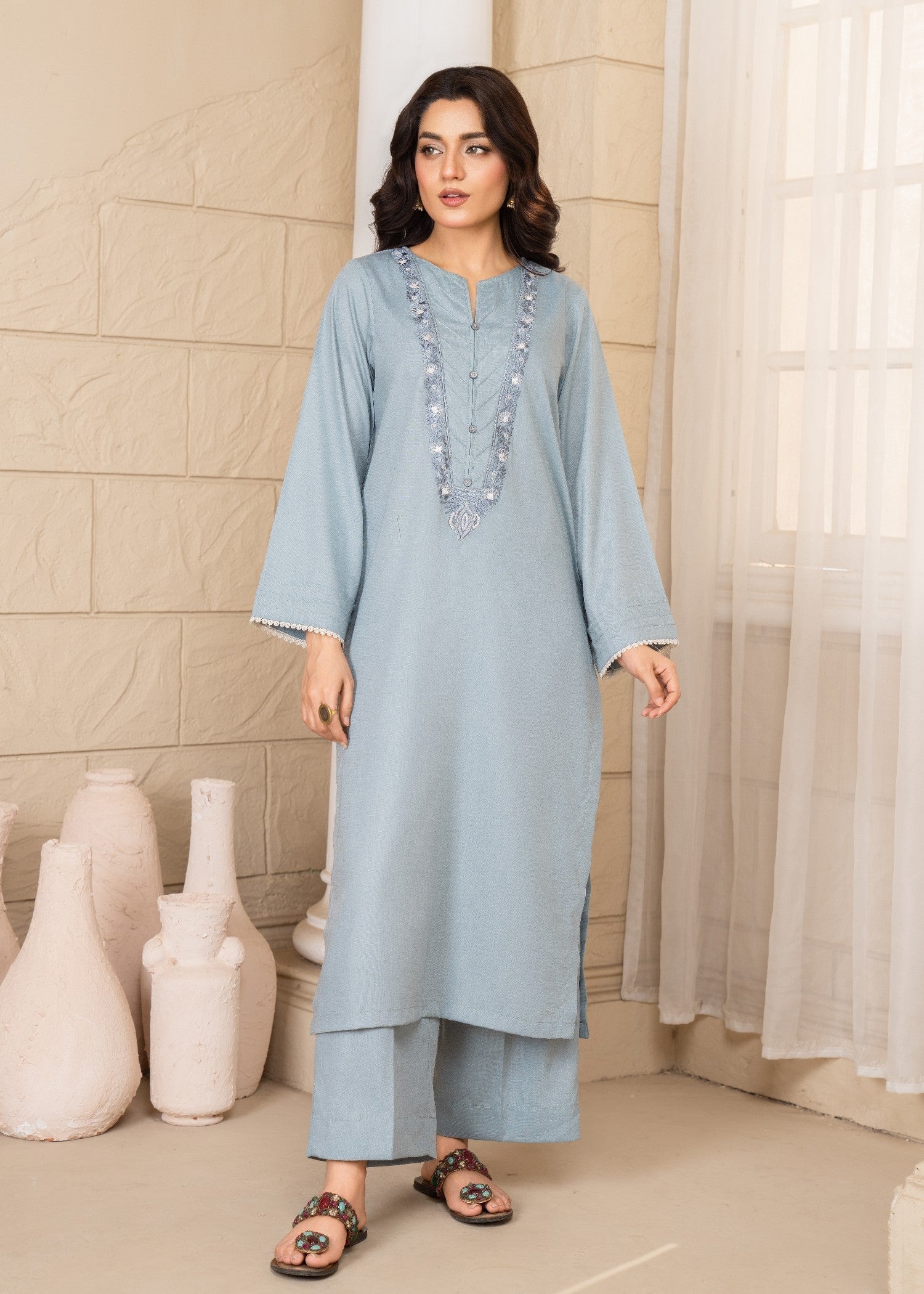 slub cambric Kurta Set in Frost blue