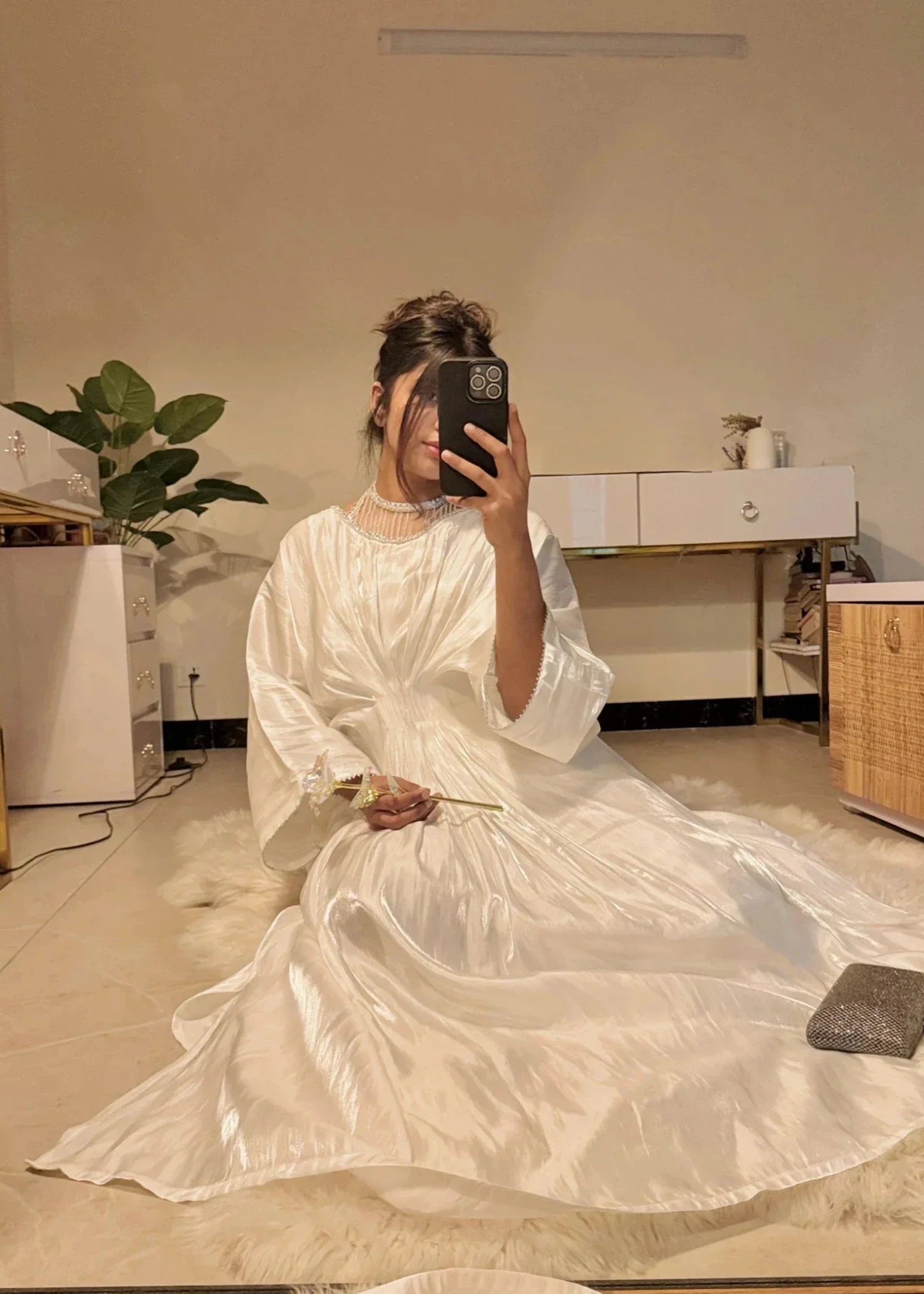 korean raw silk Kaftan in White