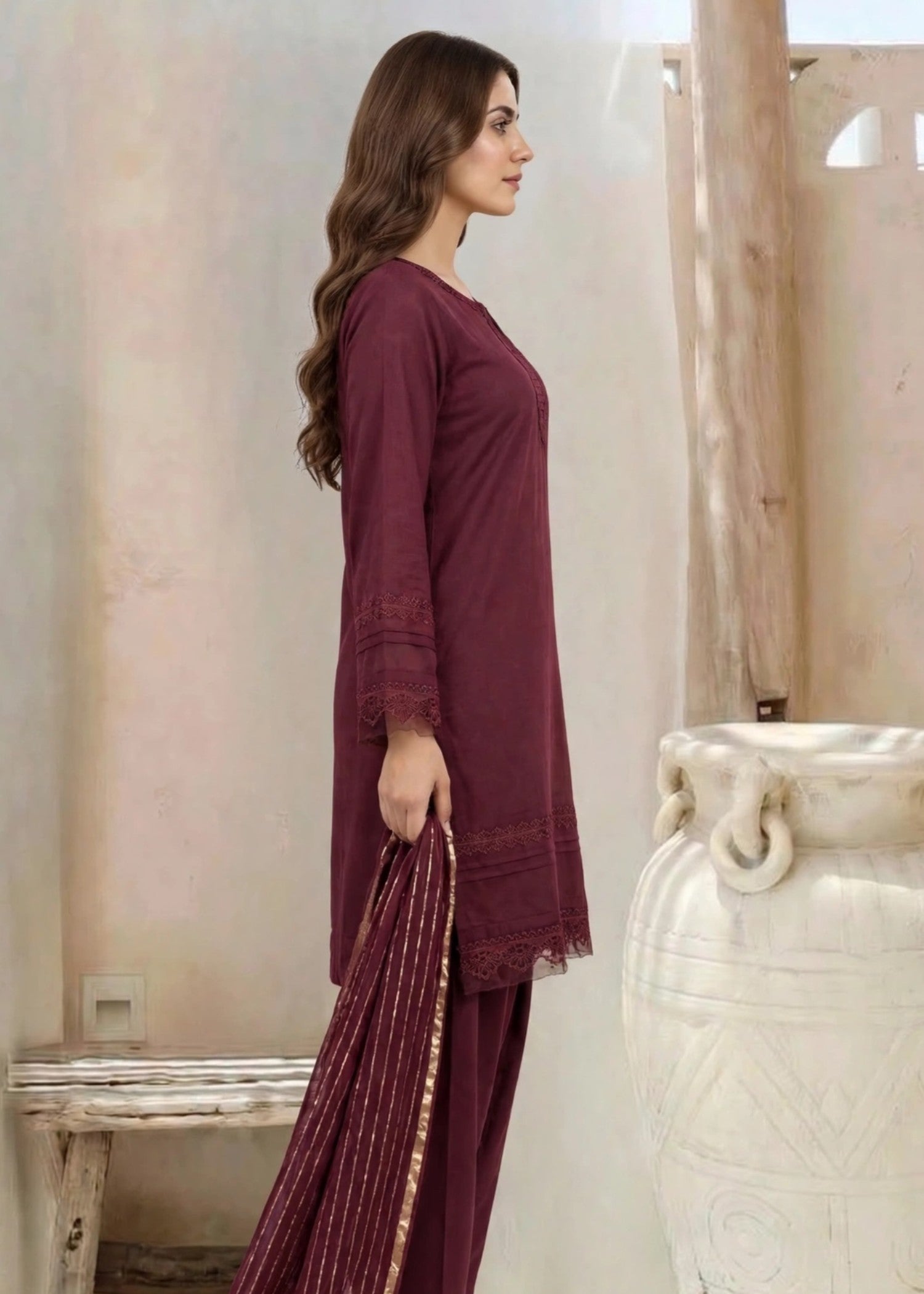 linen Kurta Set in Burgundy