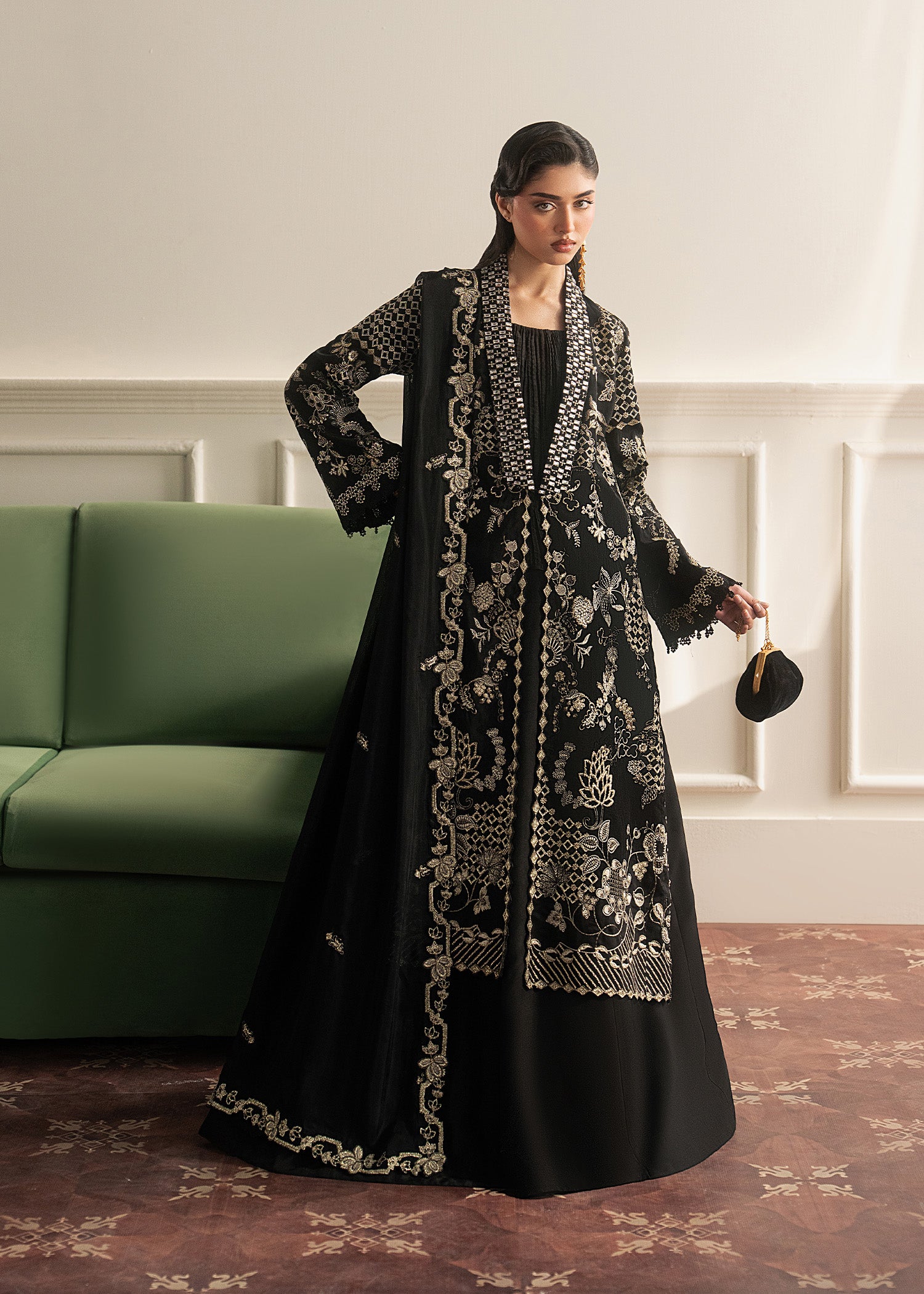 korean raw silk Sharara in Black