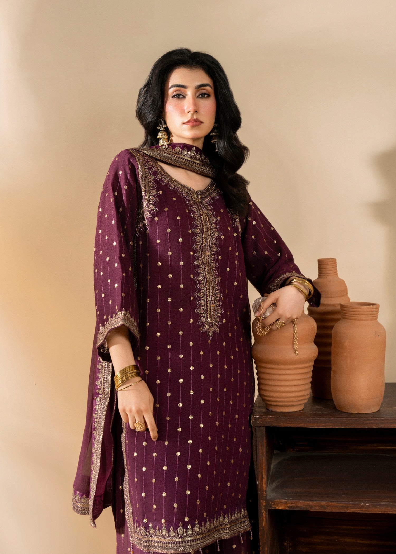chiffon Kurta Set in Burgundy
