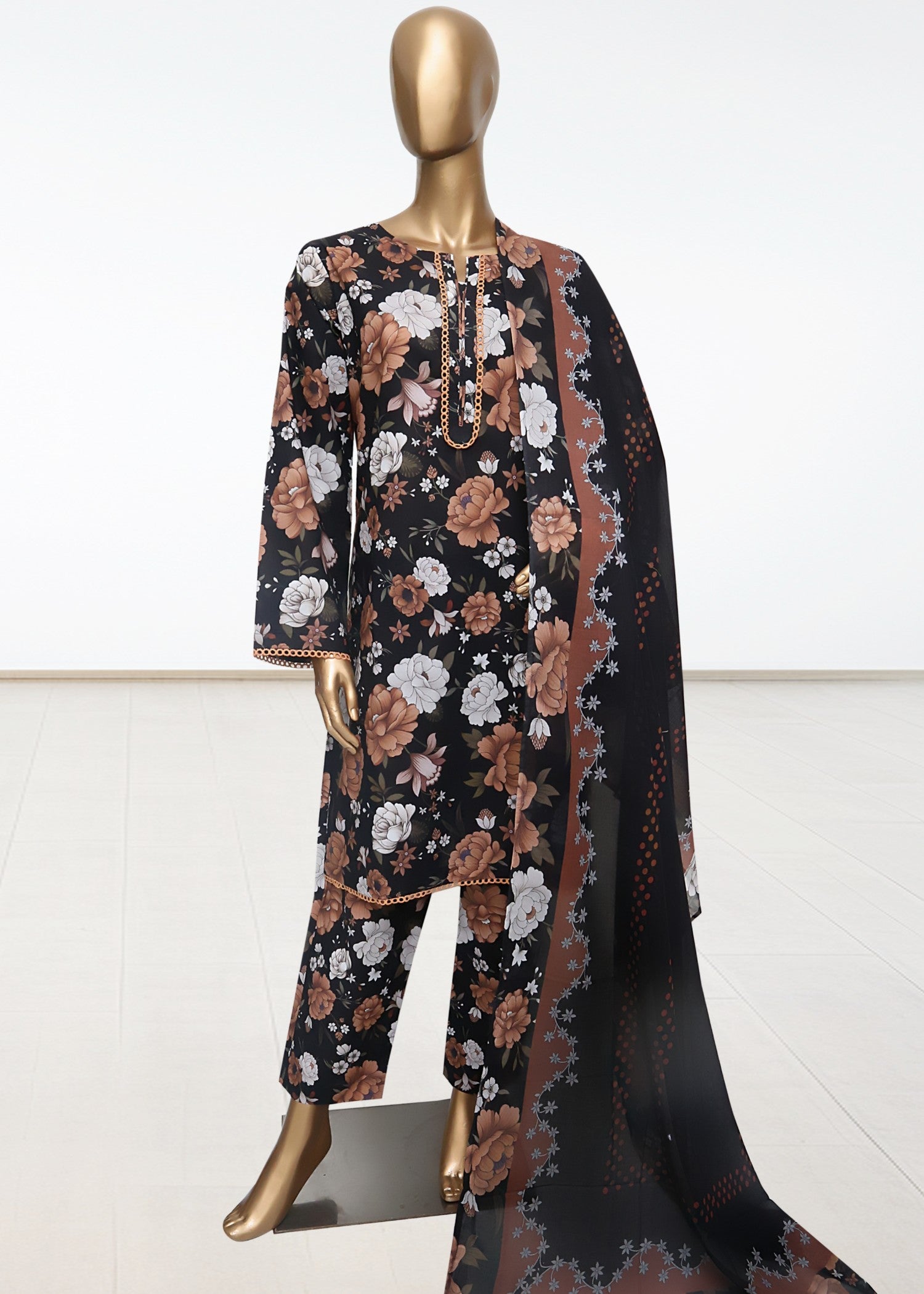 lawn Kurta Set in Black, cinnamon brown, chalk