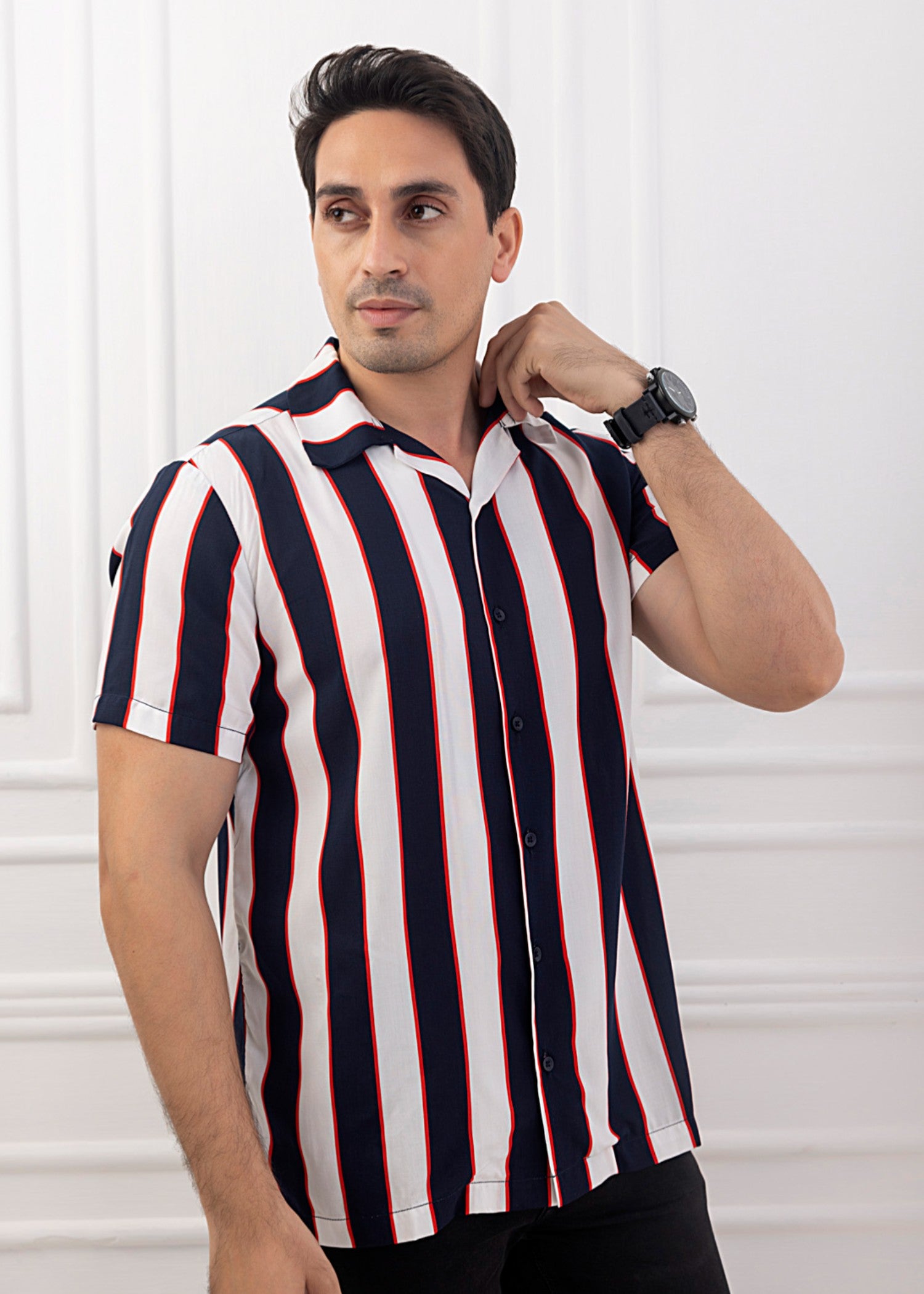 linen Casual Shirt in Black, white, red