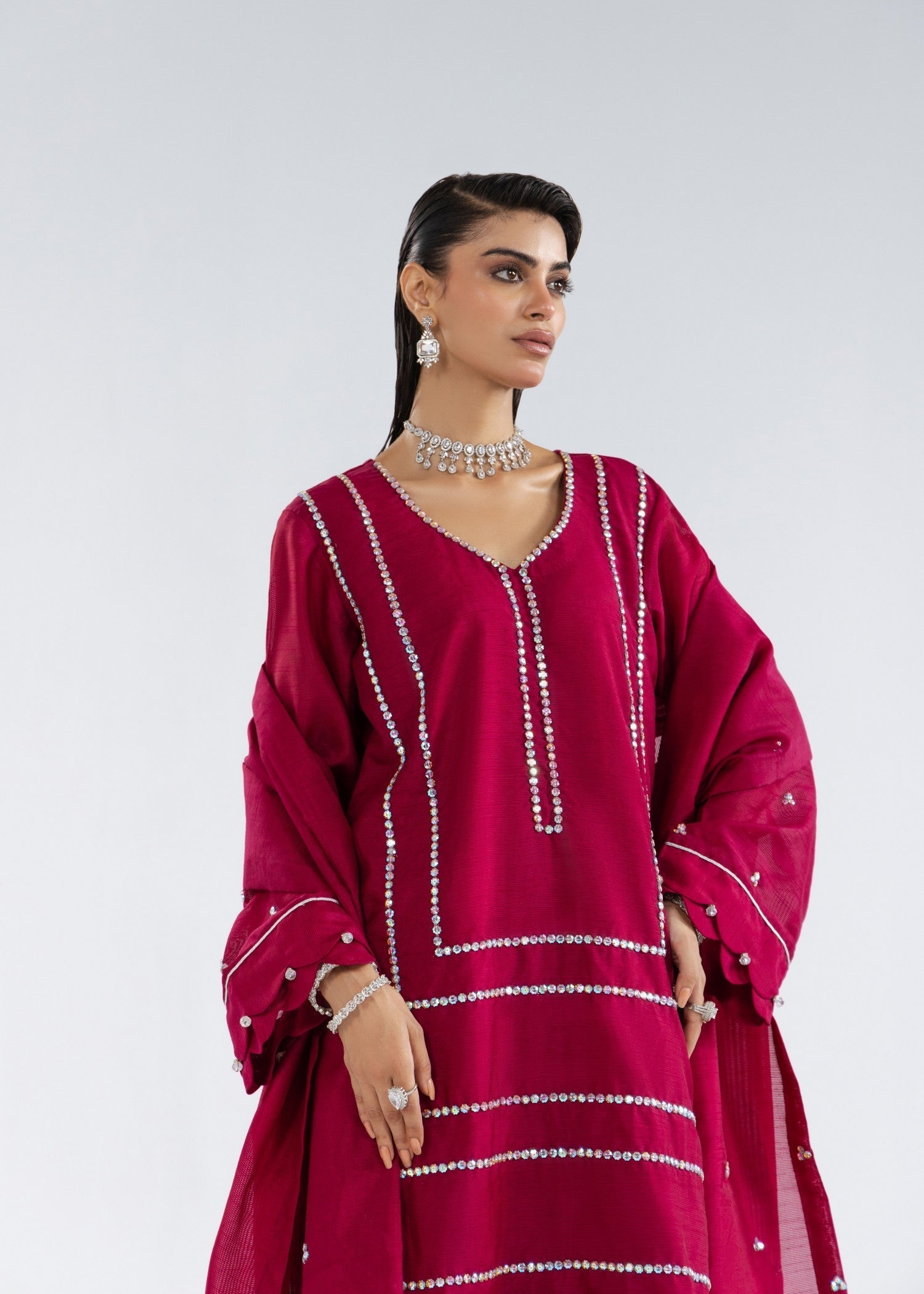 khaddi net Kurta Set in Burgundy