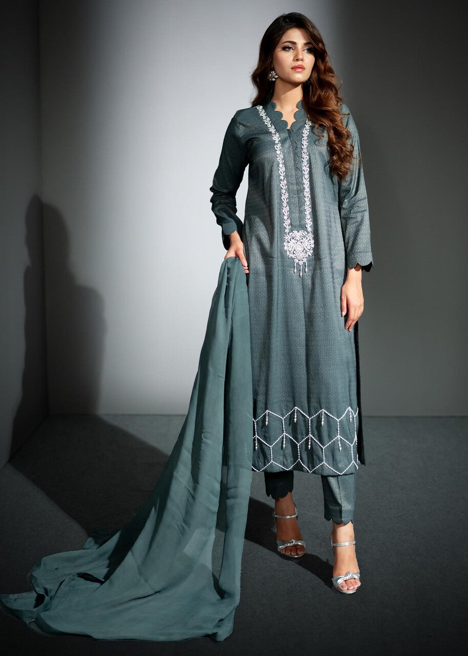 jacquard Kurta Set in Grey