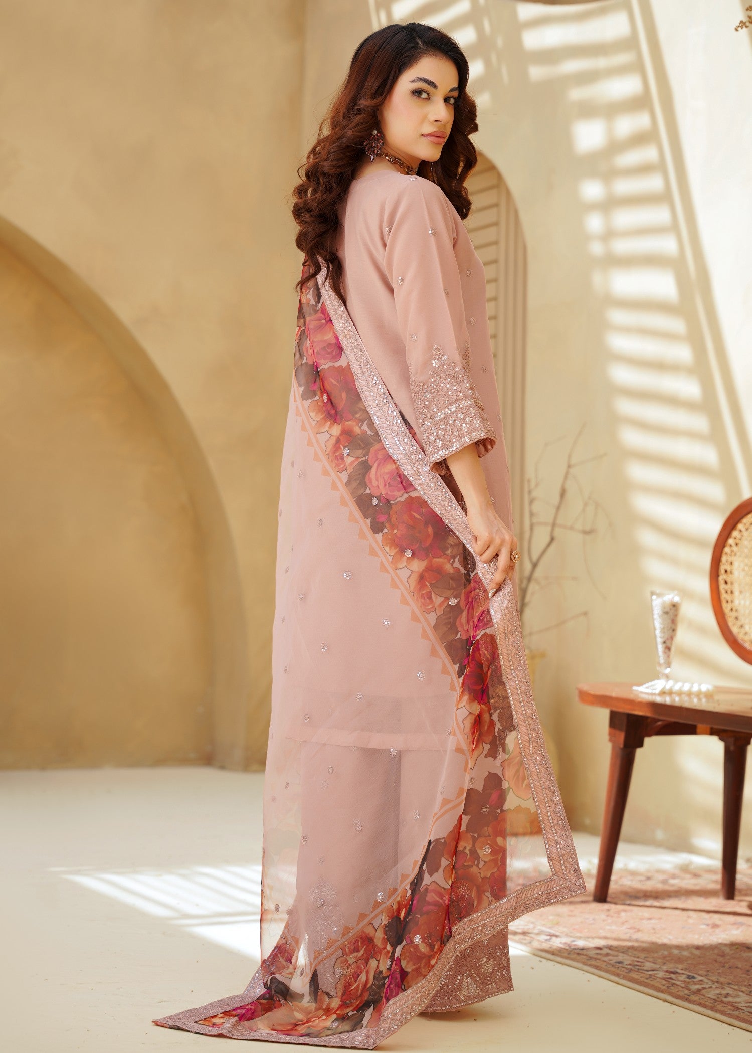 chiffon Kurta Set in Pastel pink