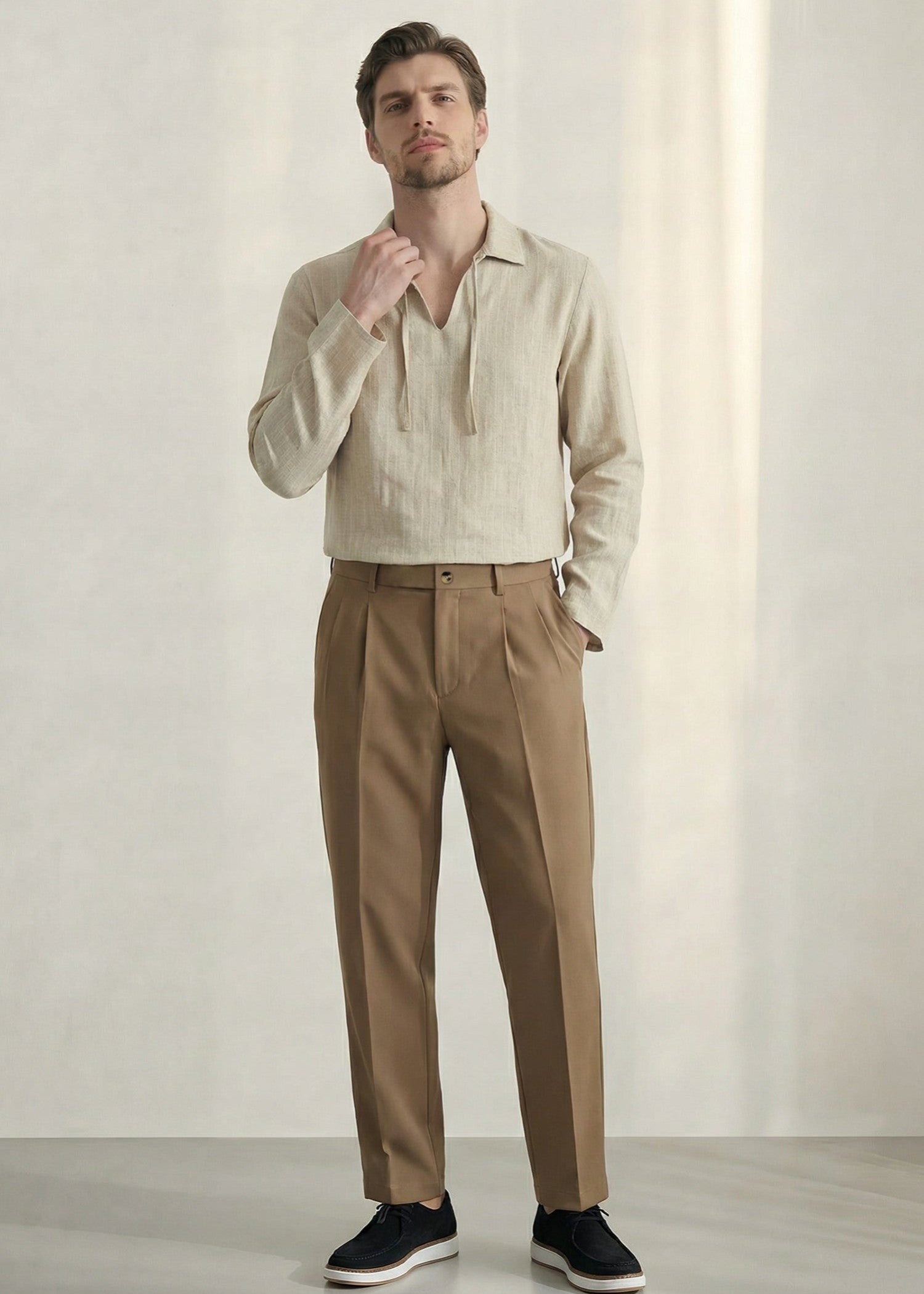 linen Polo Shirt in Beige