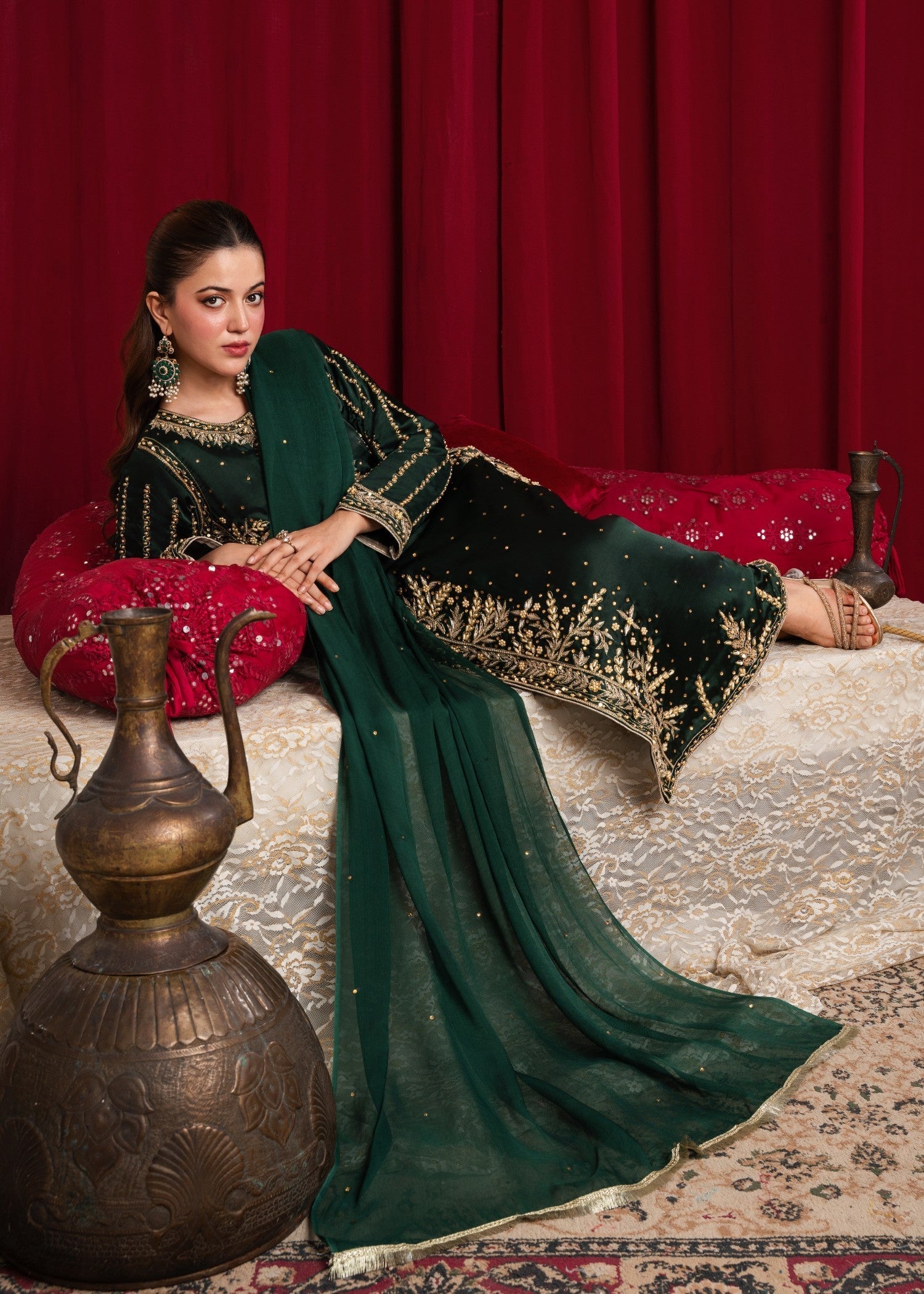 silk charmeuse Kurta Set in Bottle green