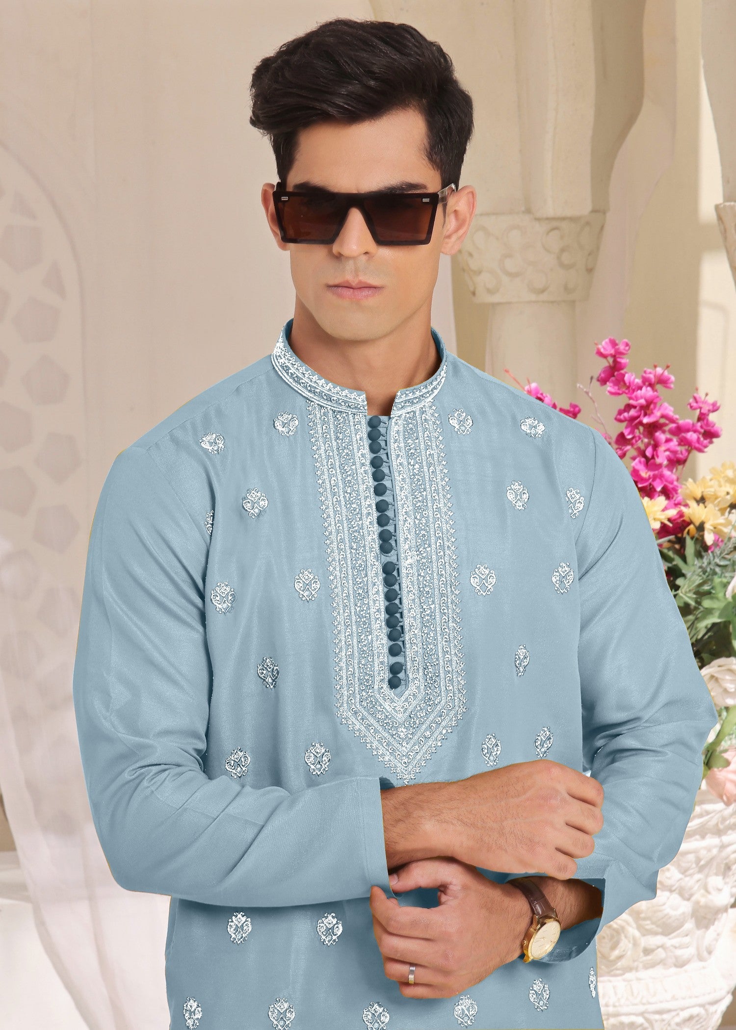 raw silk Kurta Set in Sky