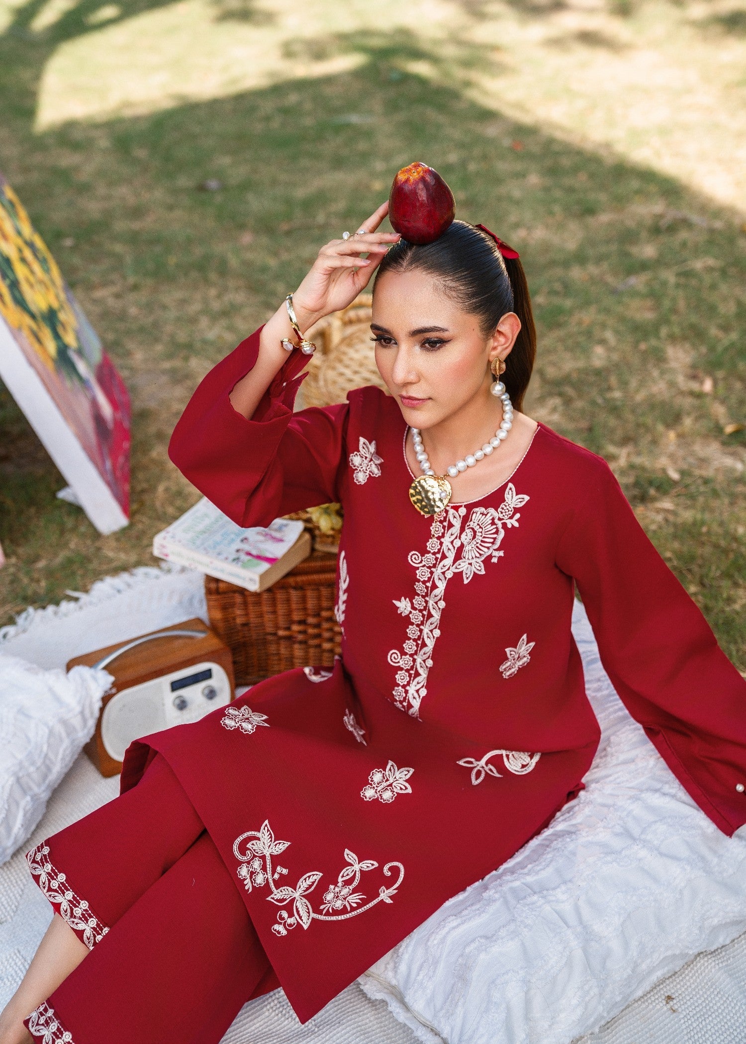 textured lawn Kurta Set in Carmine