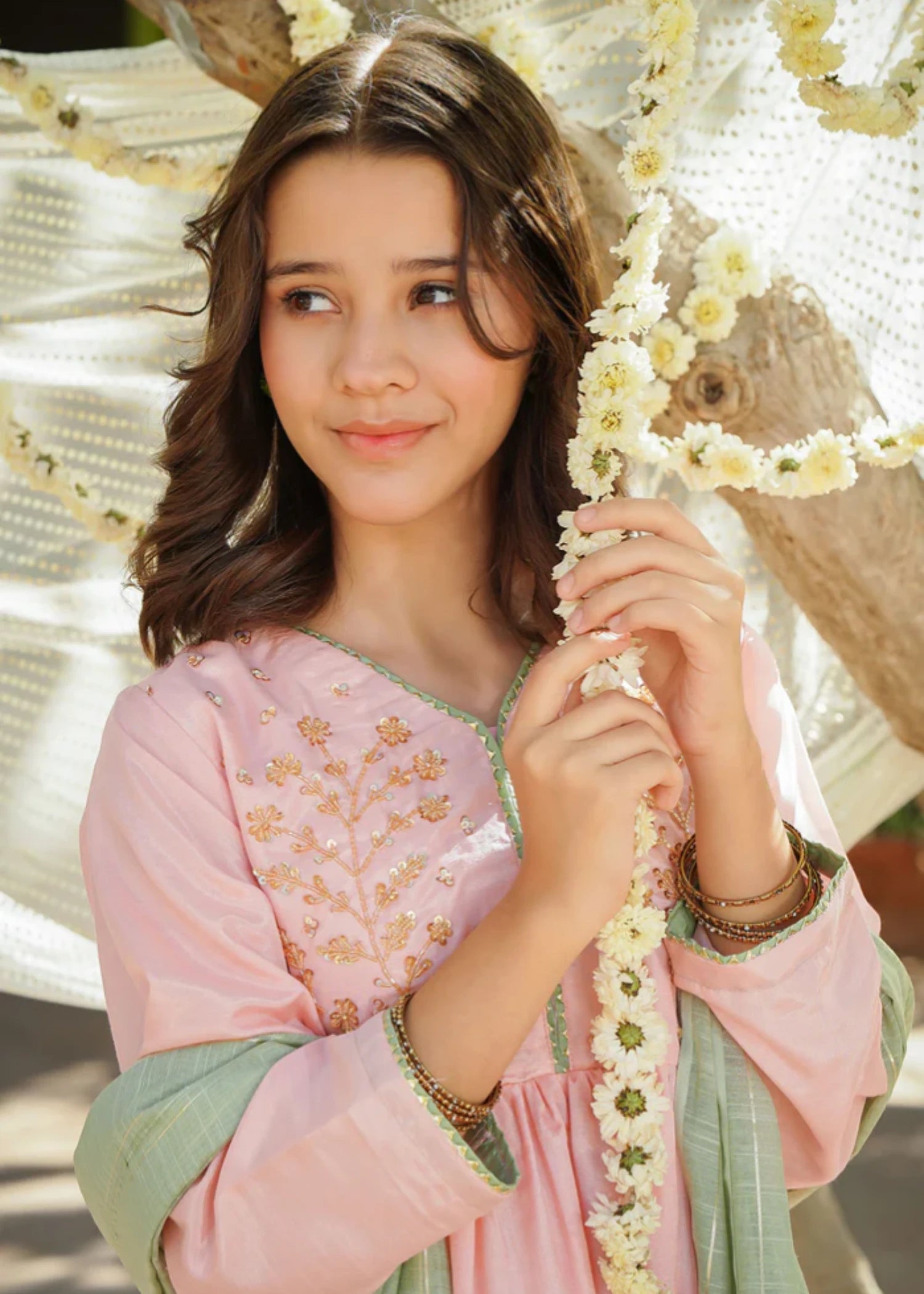 cotton silk Short Frock in Peach pink