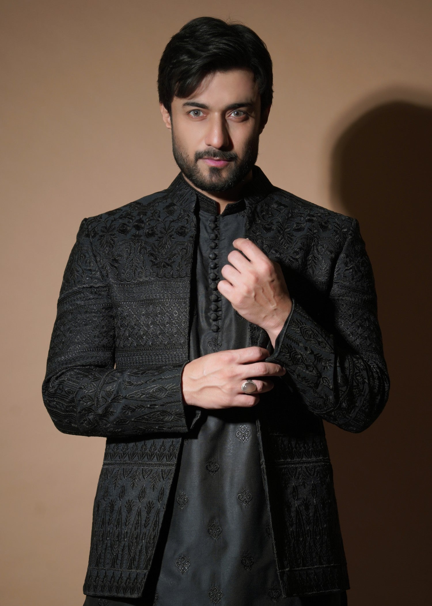 viscose raw silk Prince Coat in Black