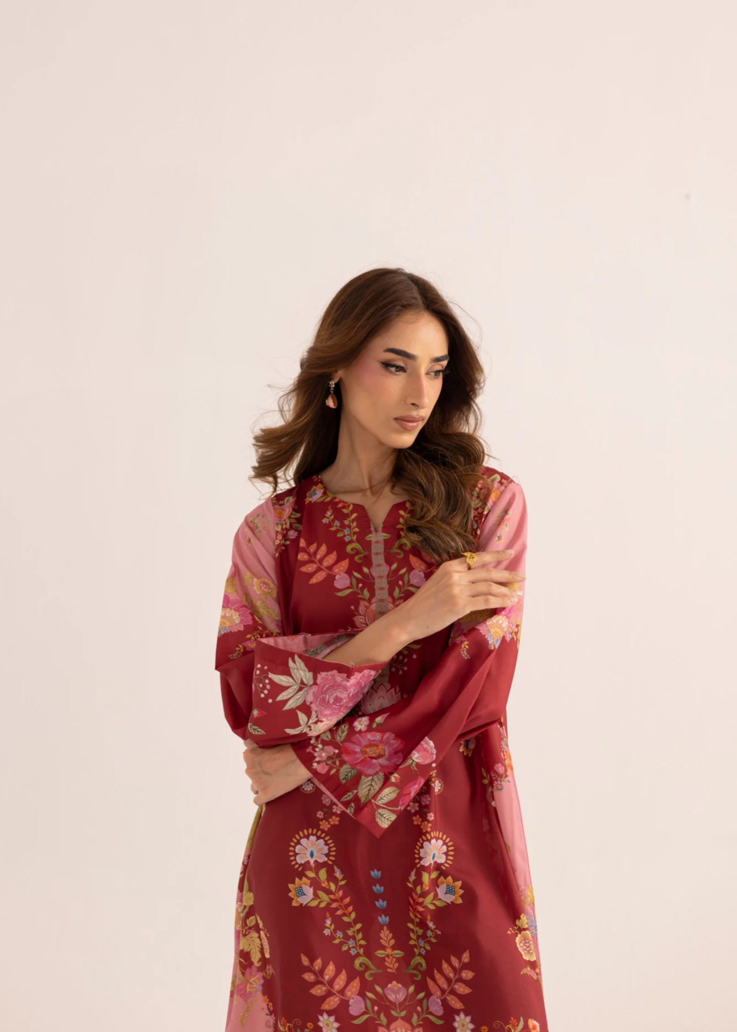 silk finish lawn Kaftan in Blood red