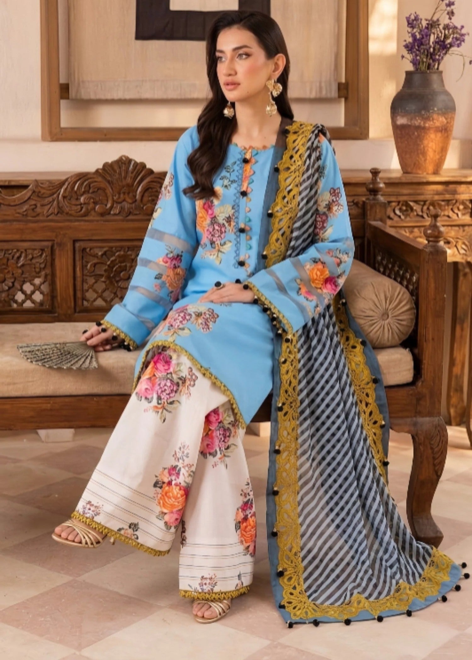 poly lawn Kurta Set in Sky blue, white