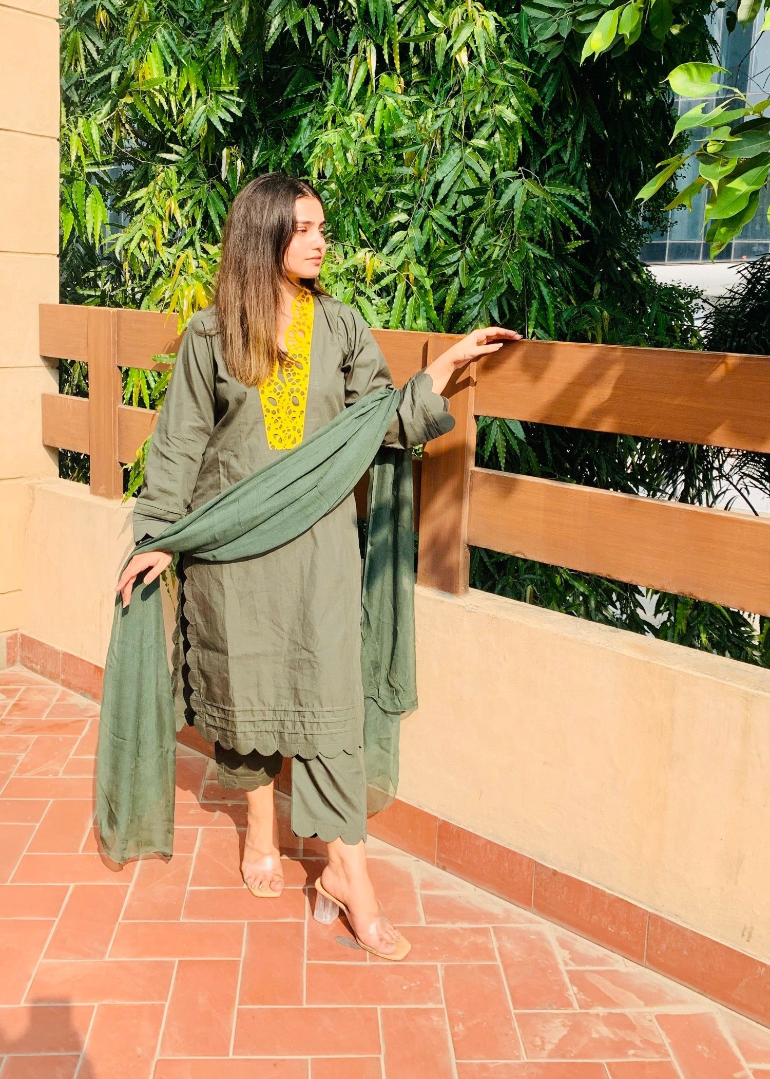 cotton satin Kurta Set in Green