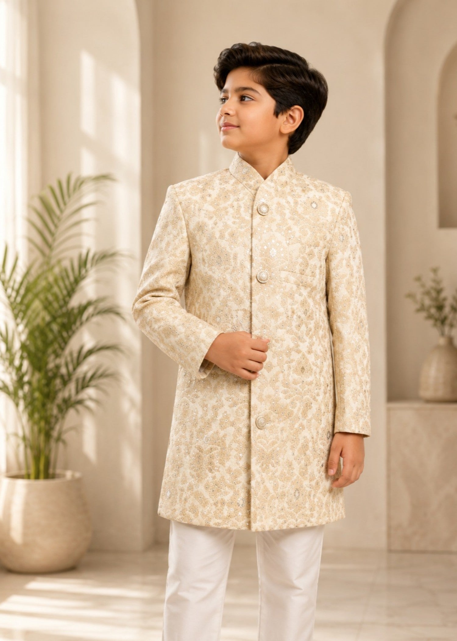 raw silk Sherwani in Cream, goldenrod