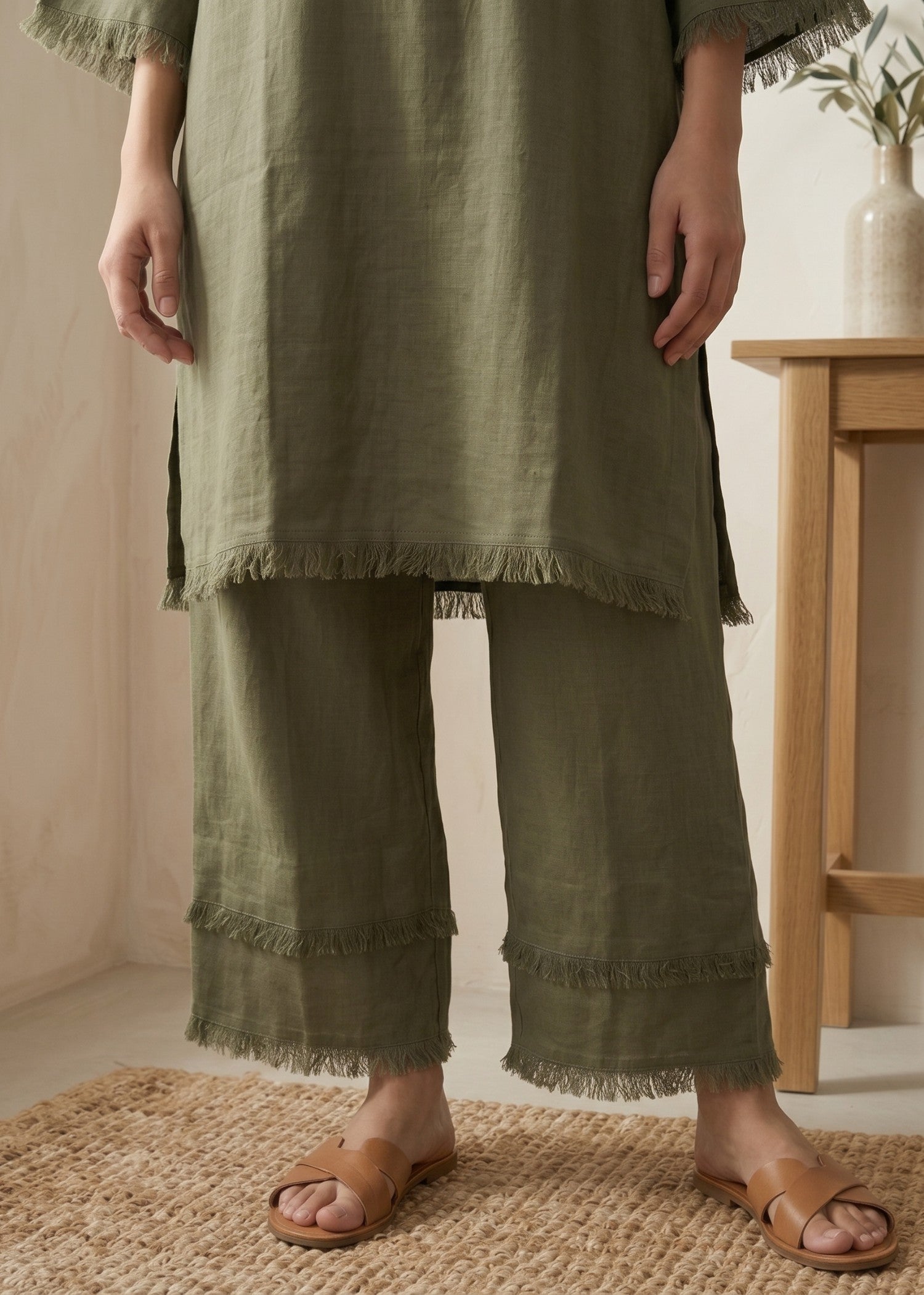 blended linen Co Ord Sets in Sage green