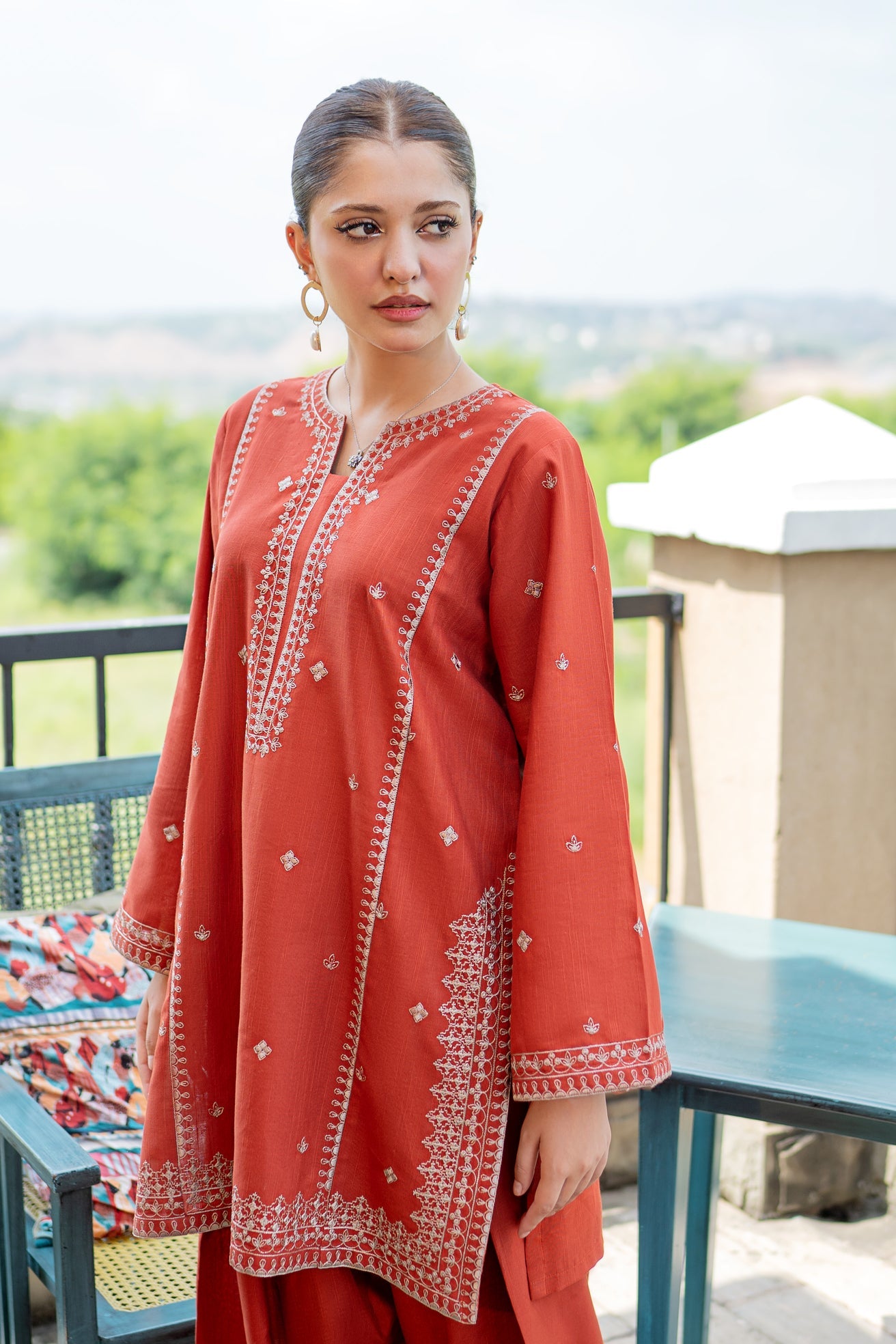 slub khaddar Kurta Set in Rust orange