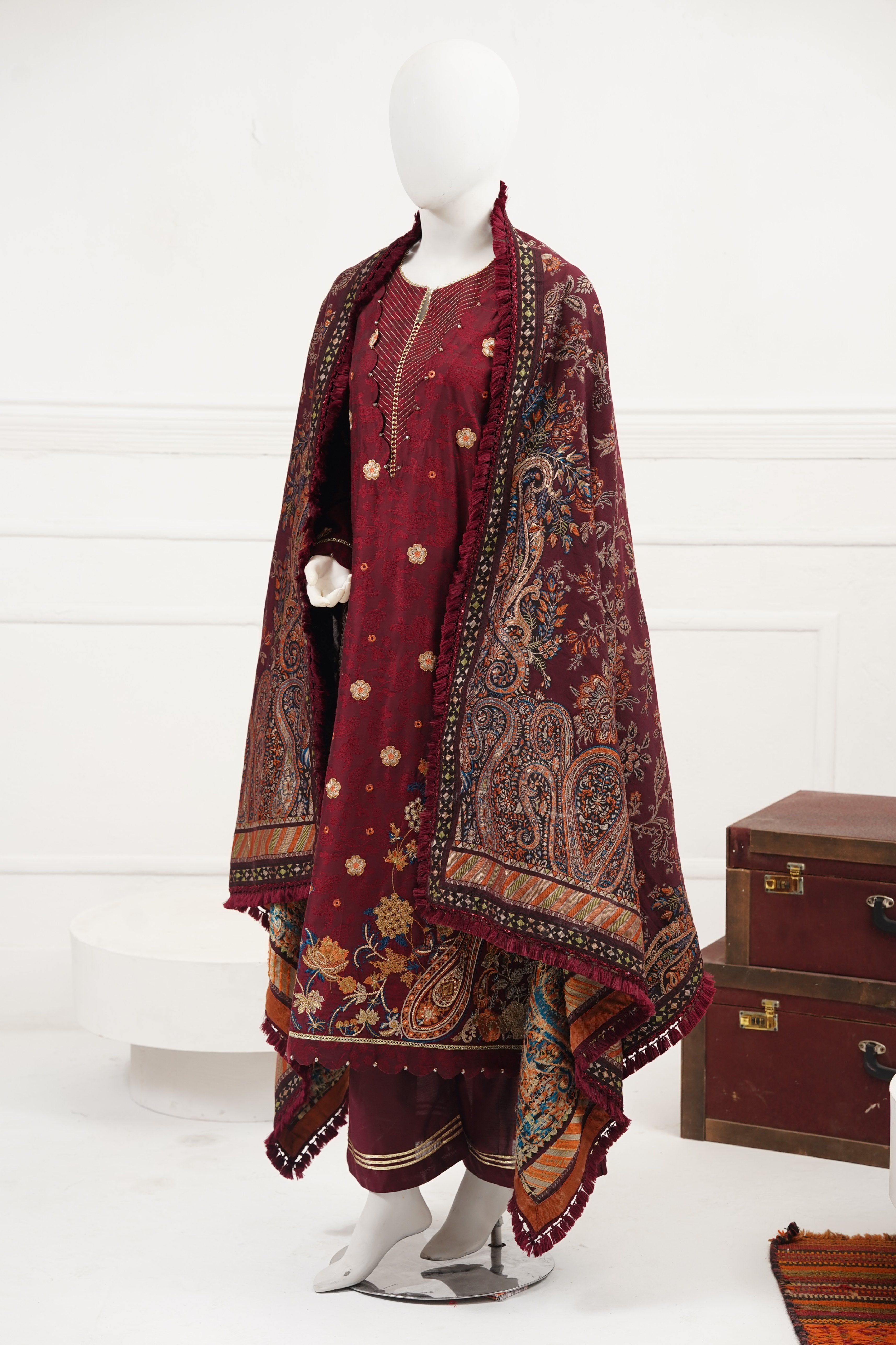 jacquard Kurta Set in Maroon