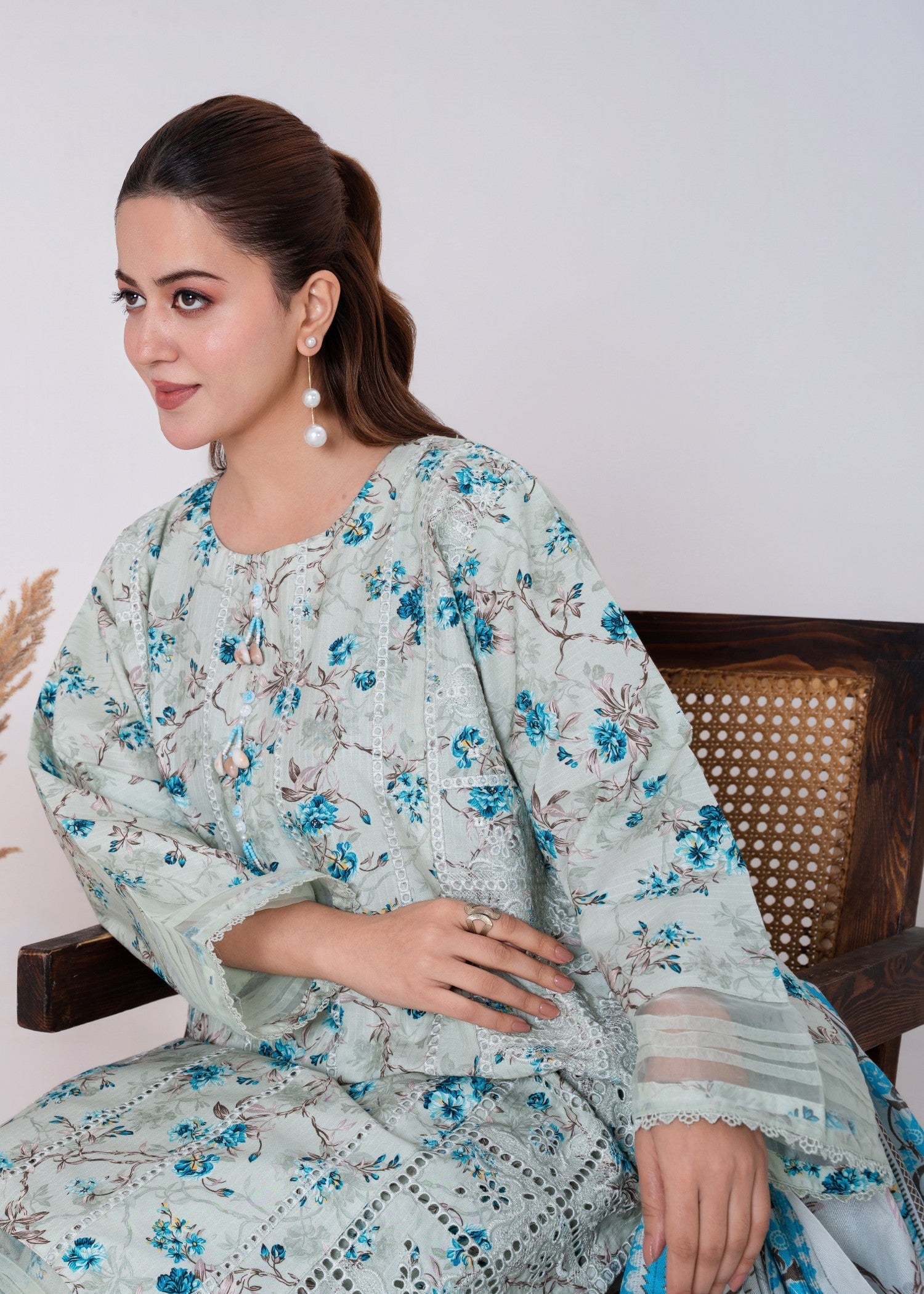 khaddar Kurta Set in White, sky blue