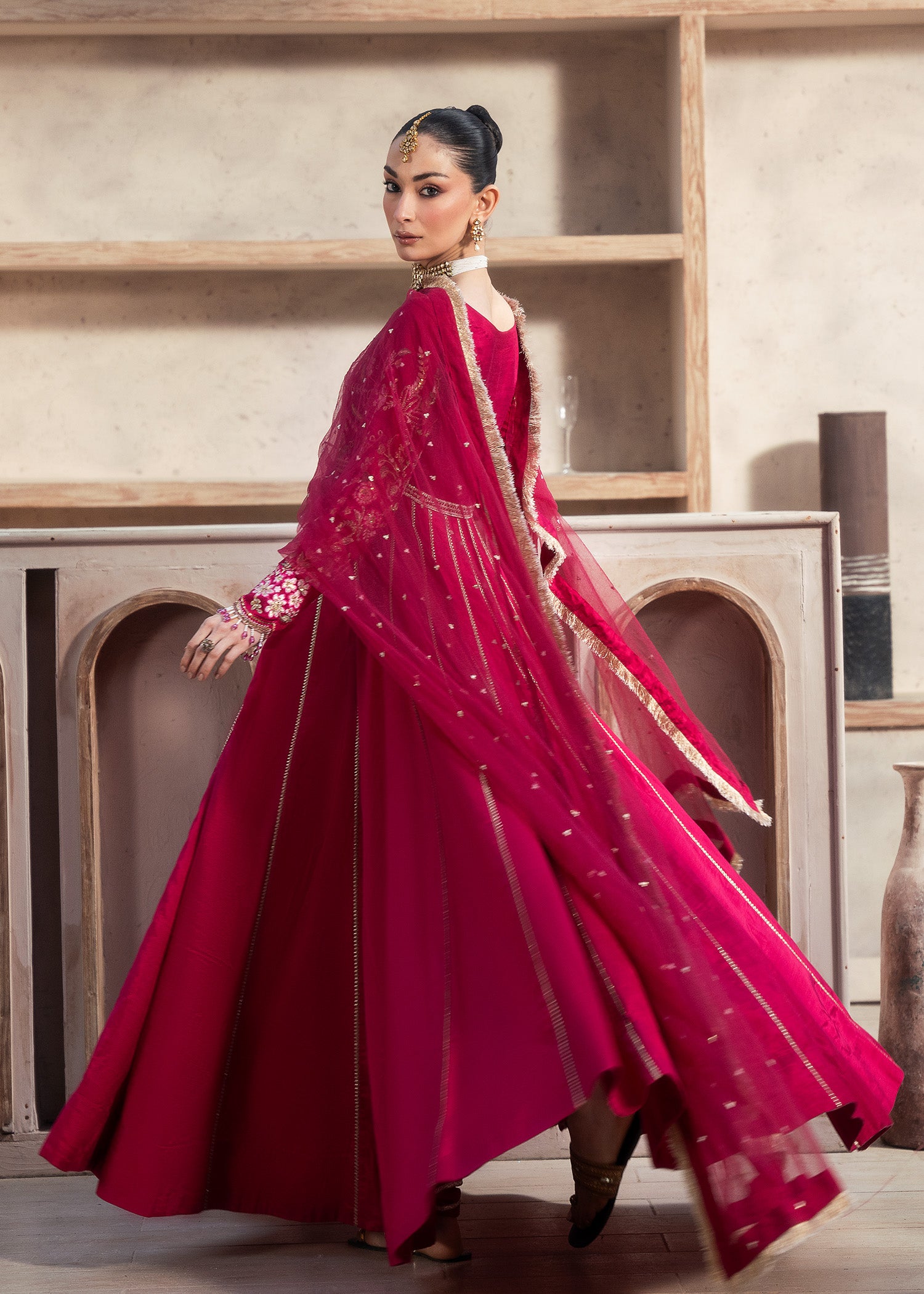 raw silk Pishwas in Shocking pink
