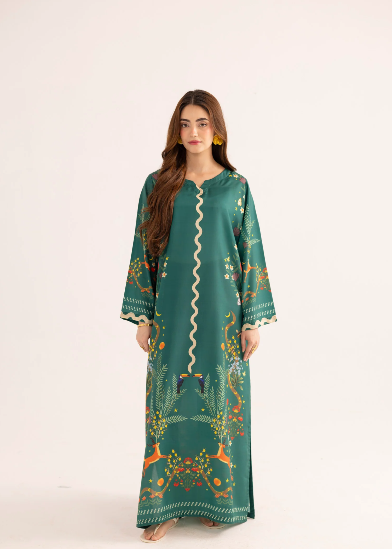 silk finish lawn Kaftan in Sea green