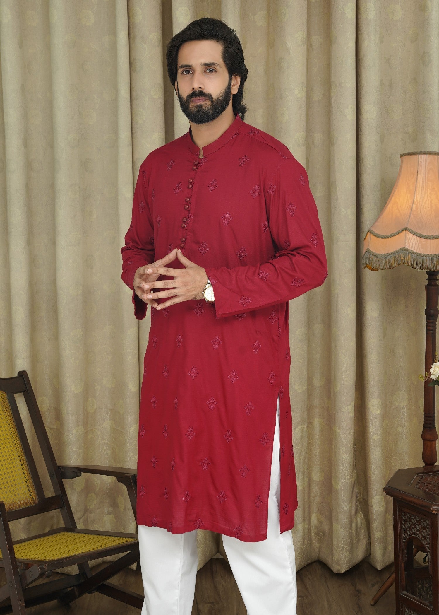 cotton linen Kurta in Red by Maqsood Garments