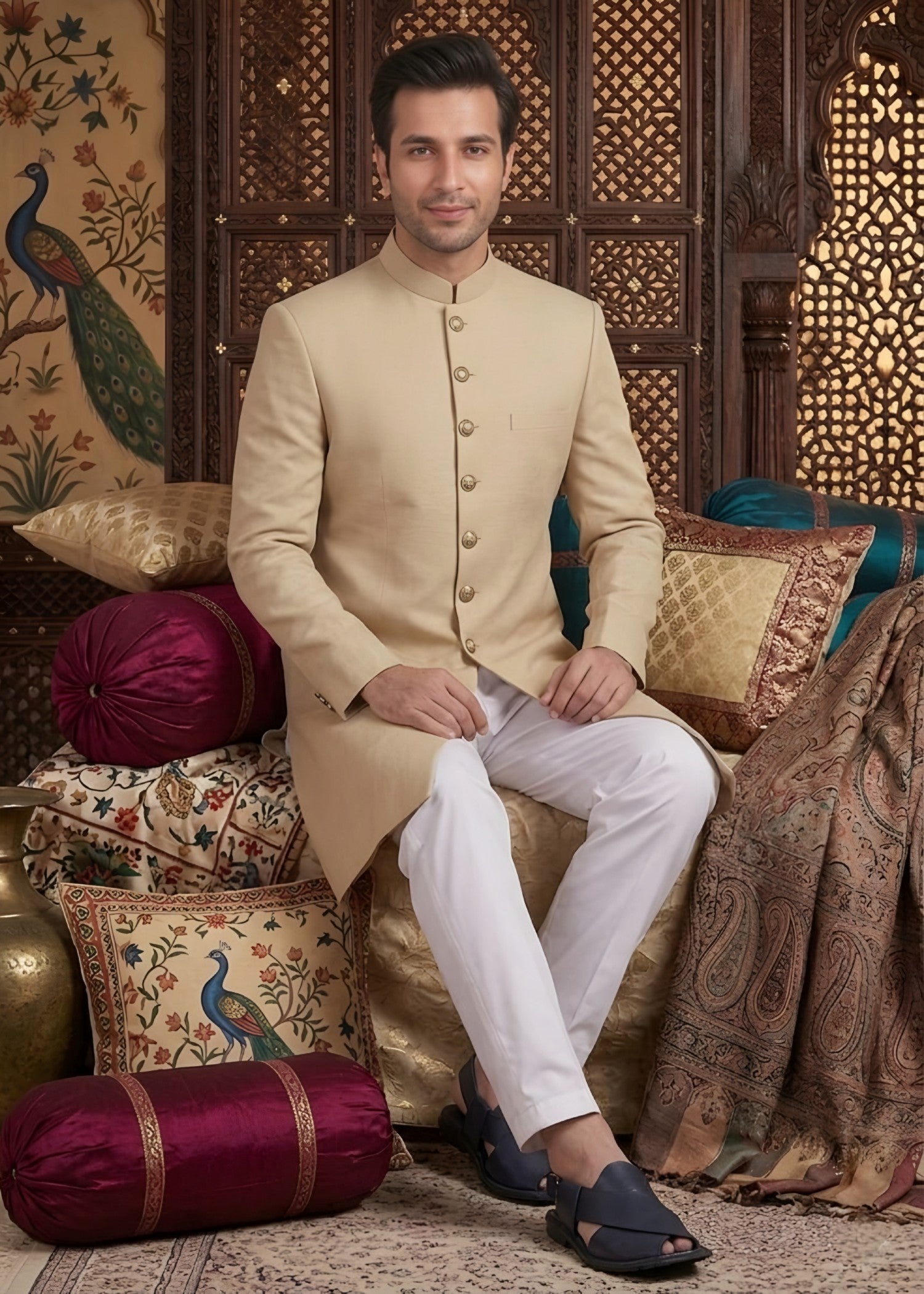 tropical Sherwani in Beige