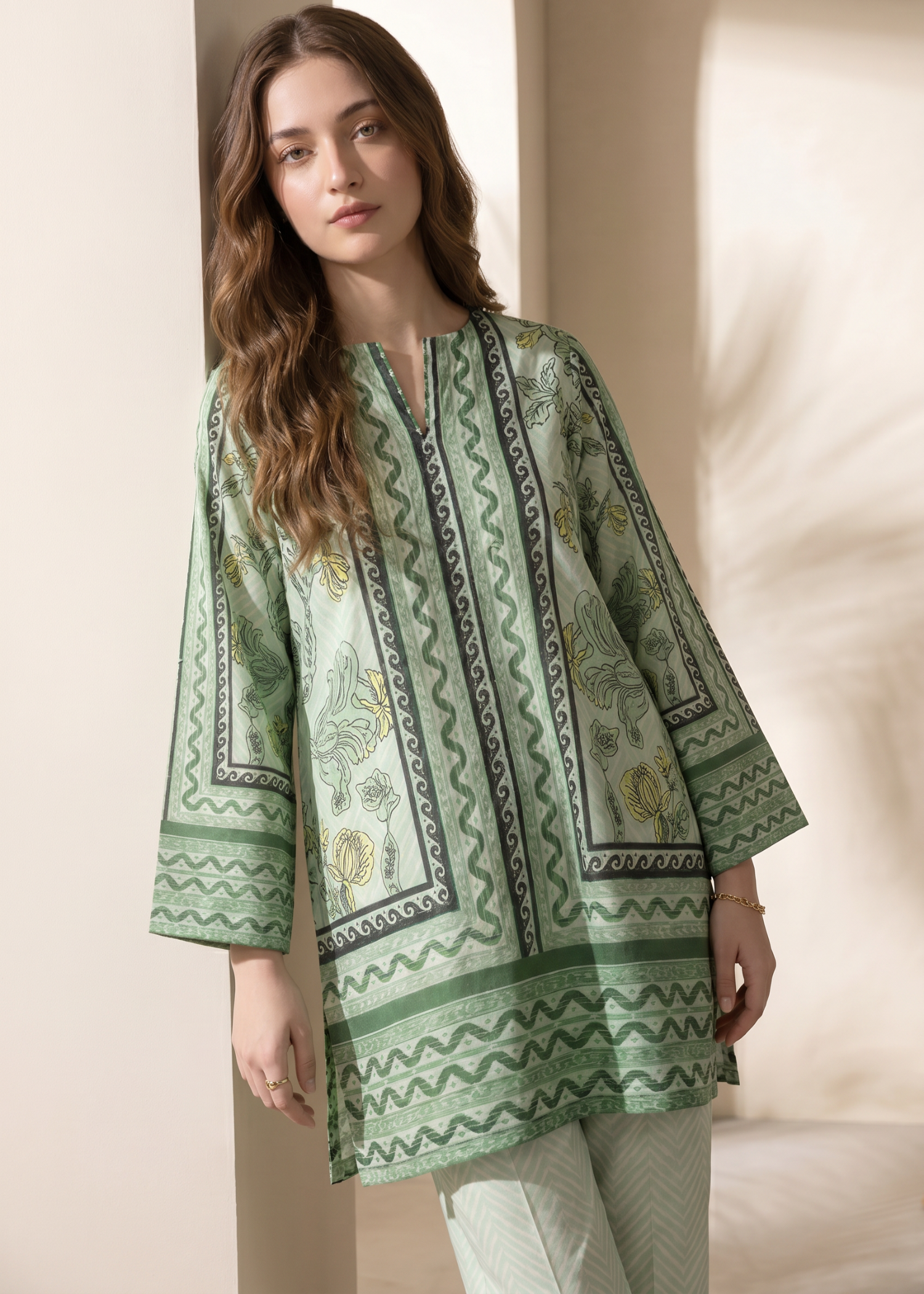 cross hetch Kurta Set in Moss green