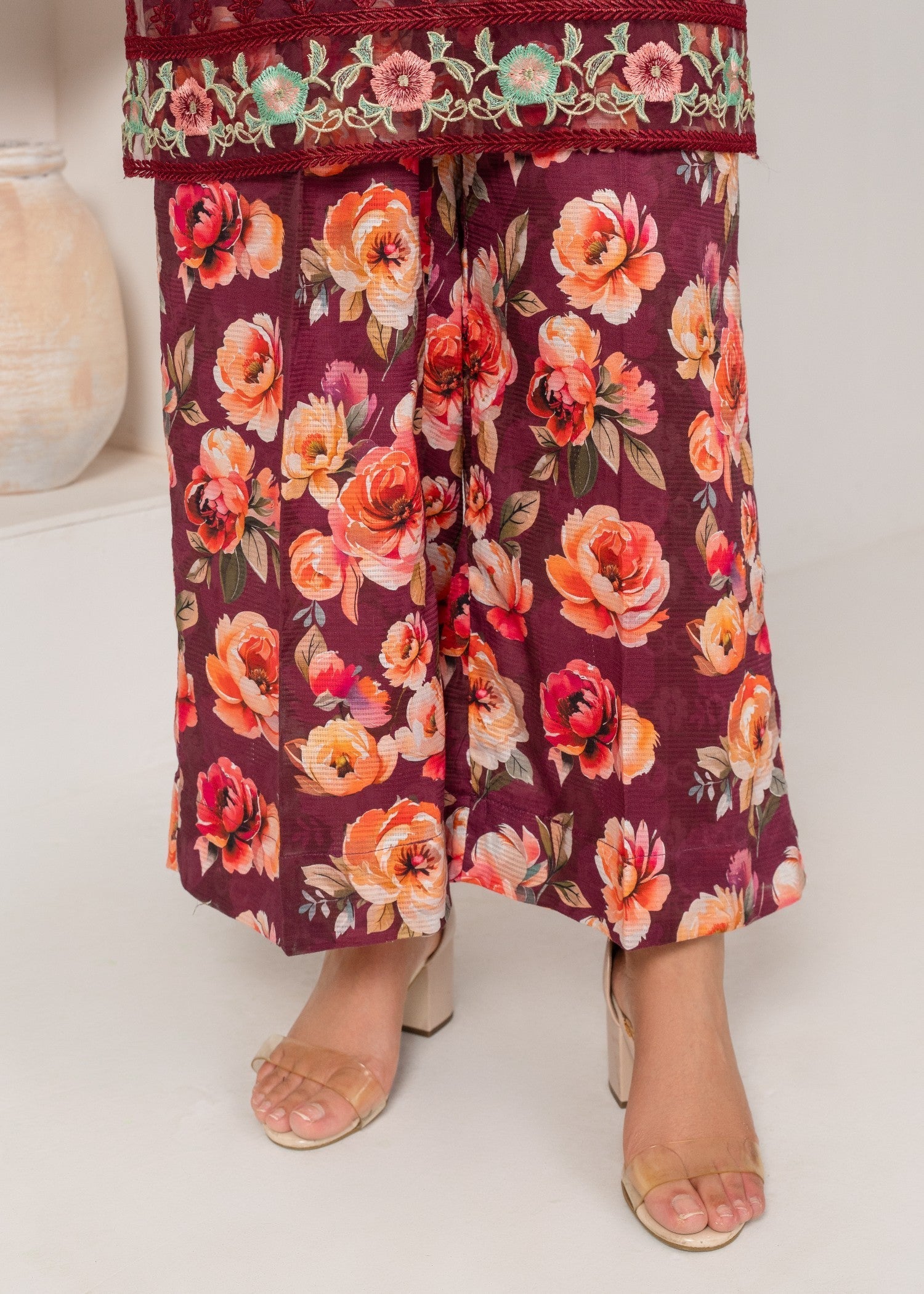 textured lawn Kurta Set in Maroon