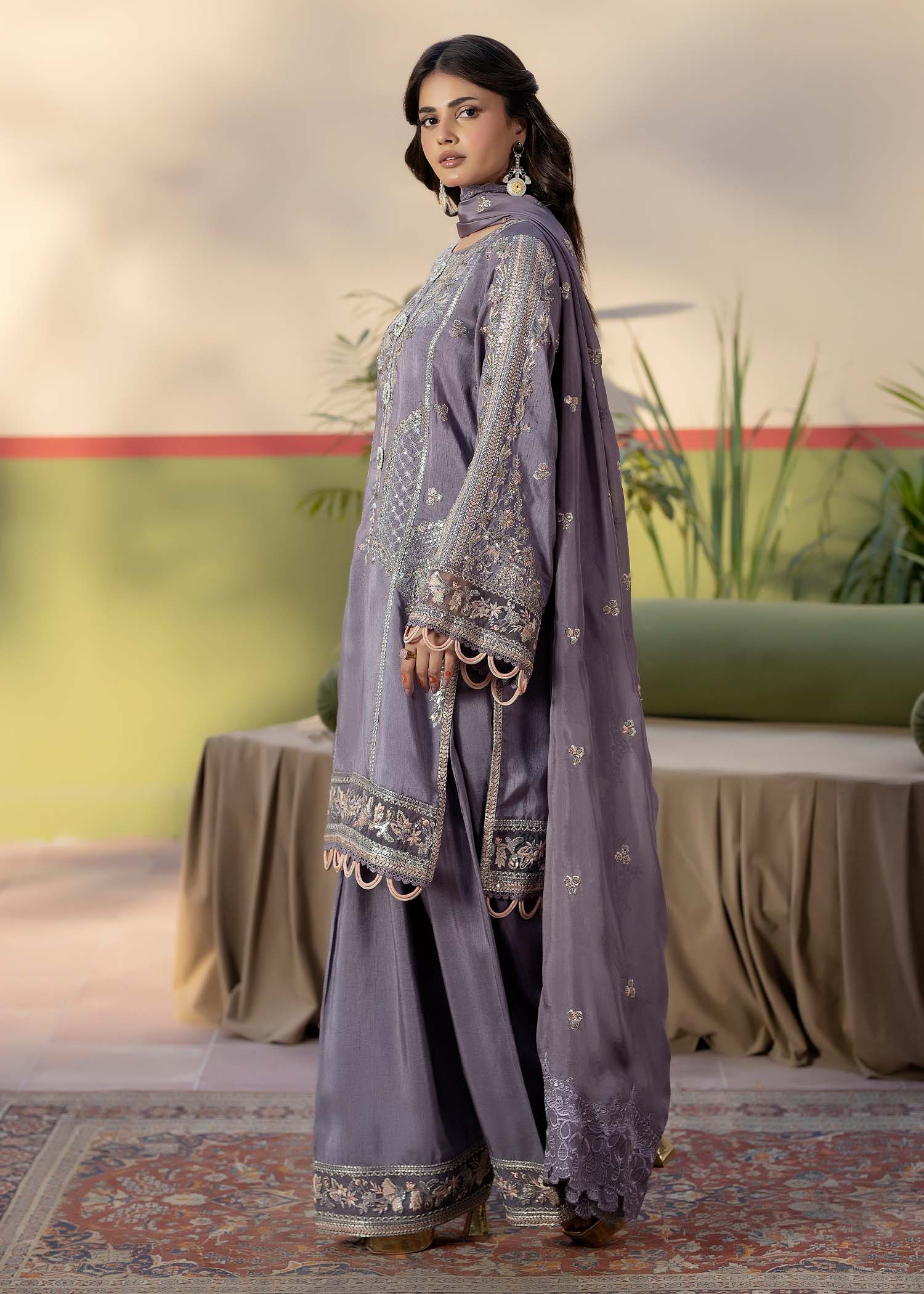 raw silk Kurta Set in Lavender grey