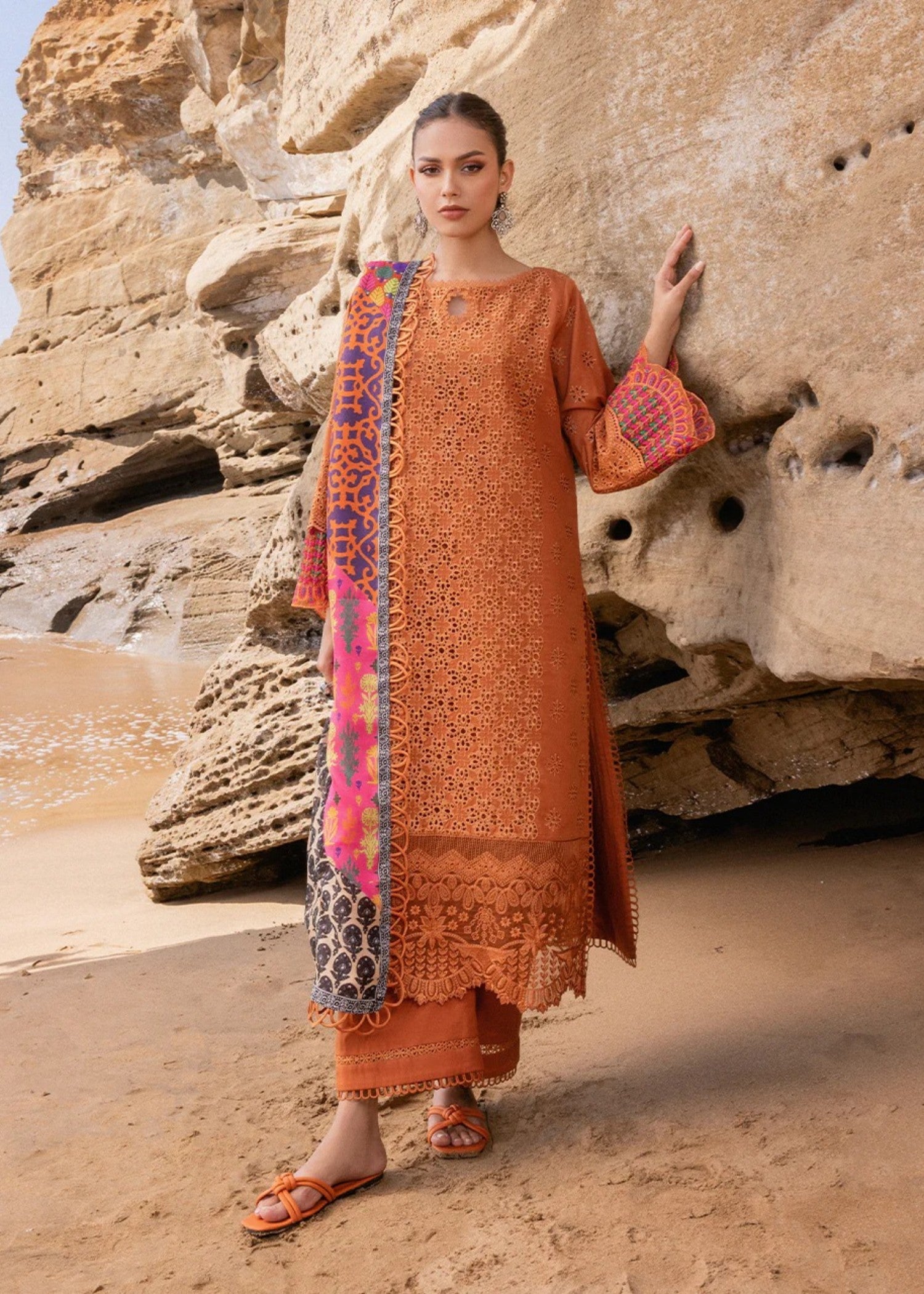 chikankari cotton Kurta Set in Brown