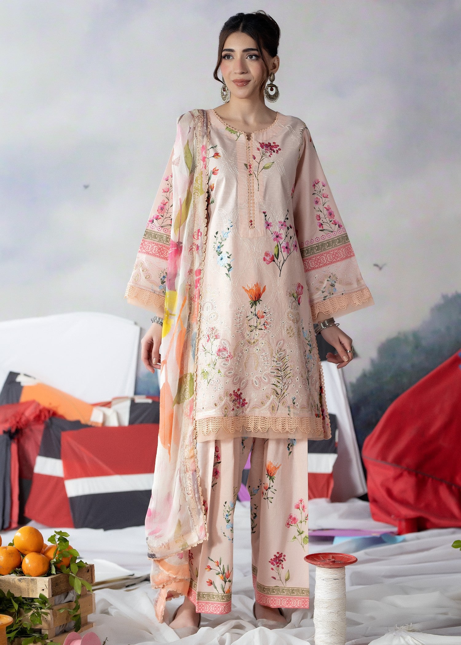 ribbed lawn Kurta Set in Peach pink