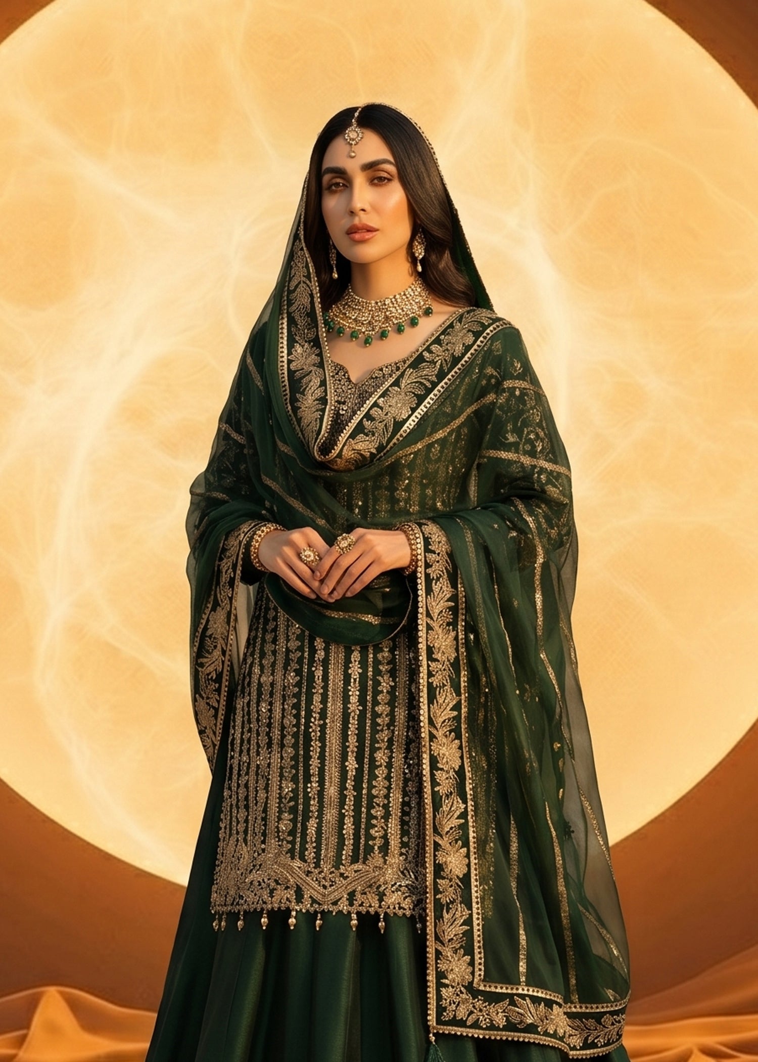organza Lehenga in Bottle green