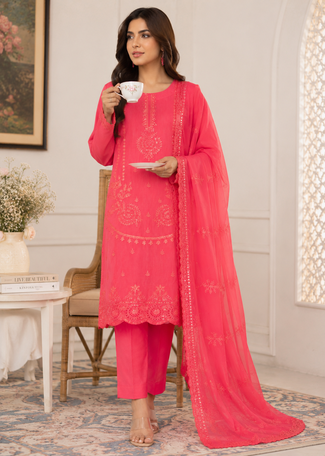 cotton Kurta Set in Coral orange