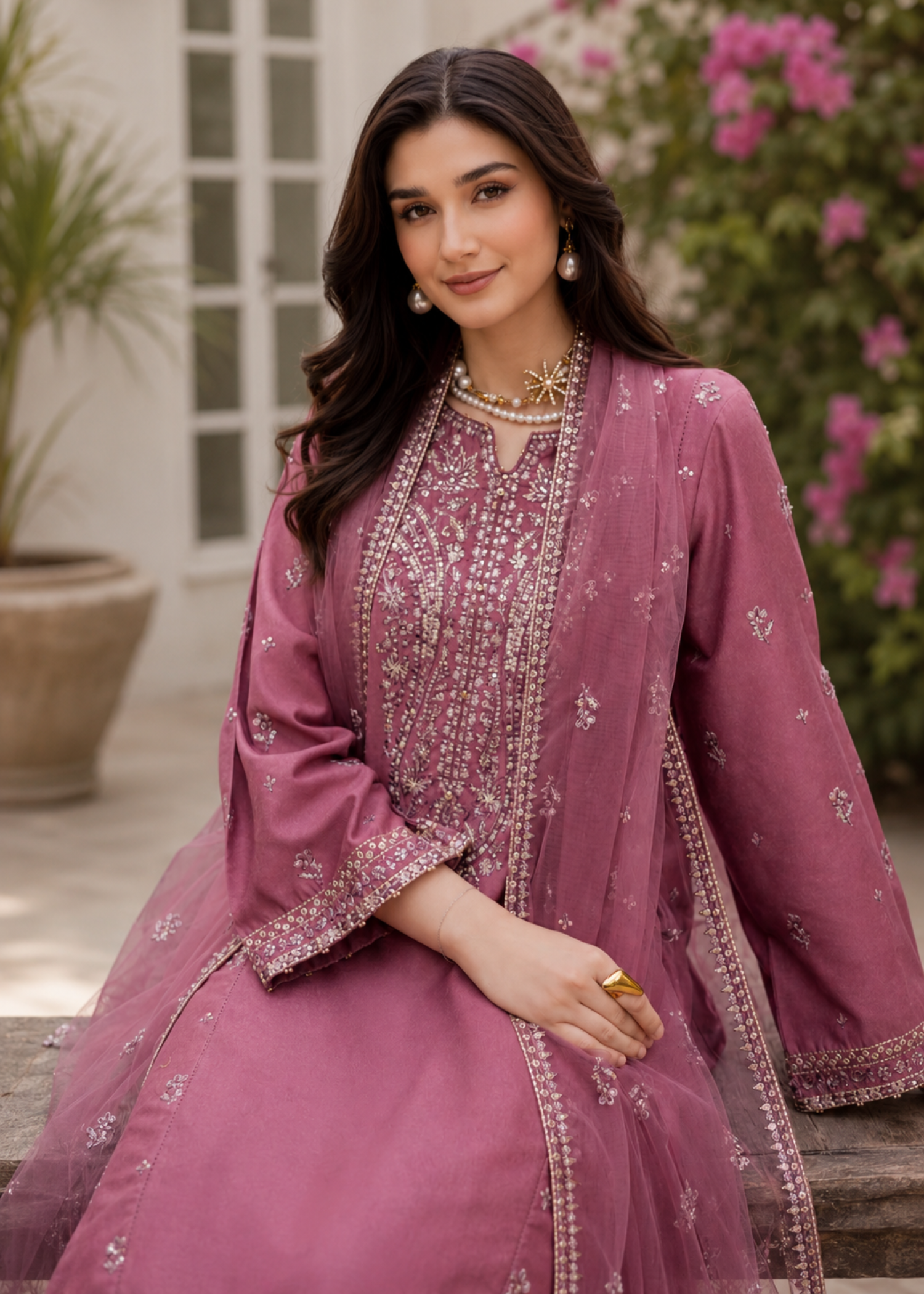 linen Kurta Set in Hot pink red