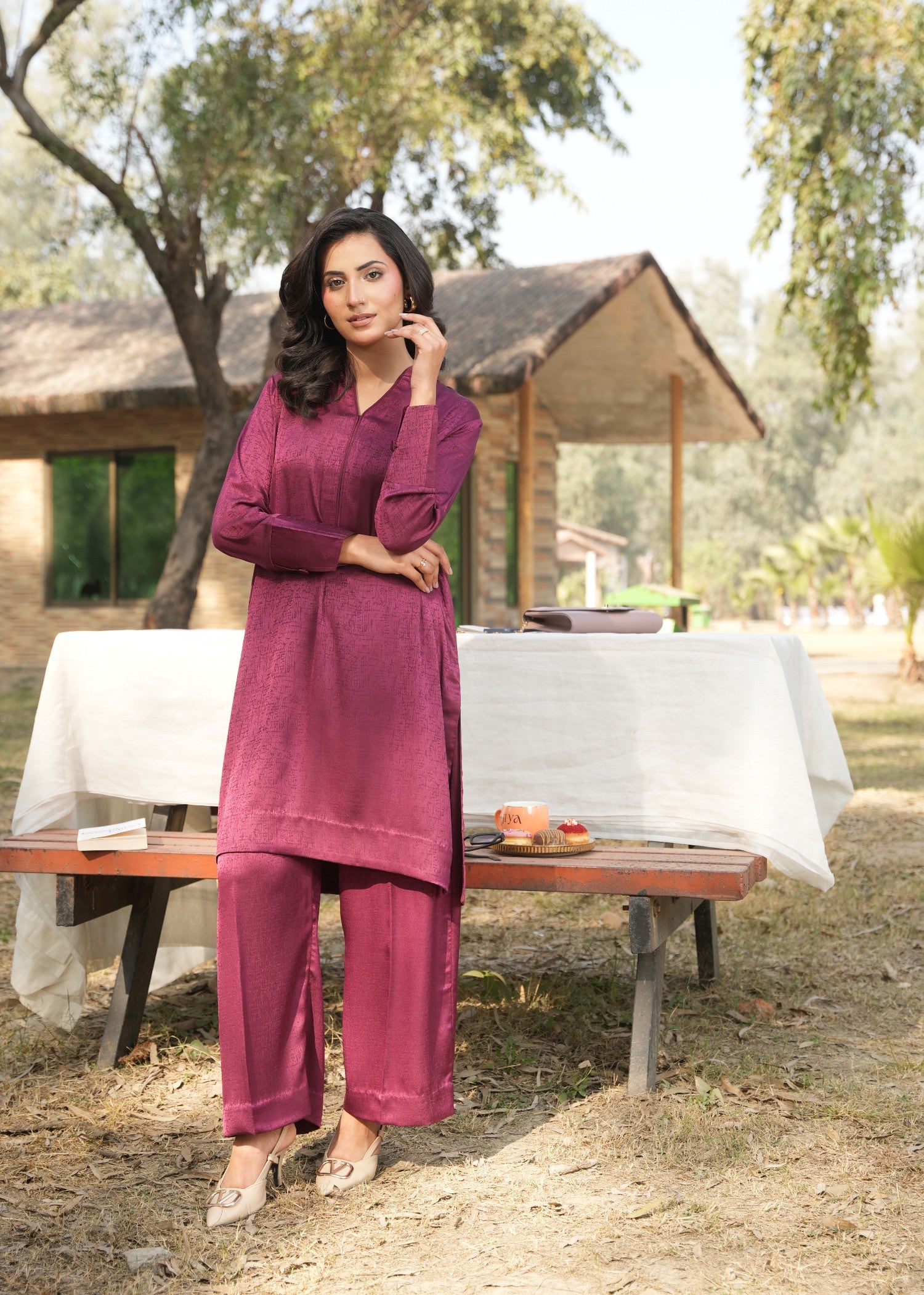 silk Co Ord Sets in Burgundy