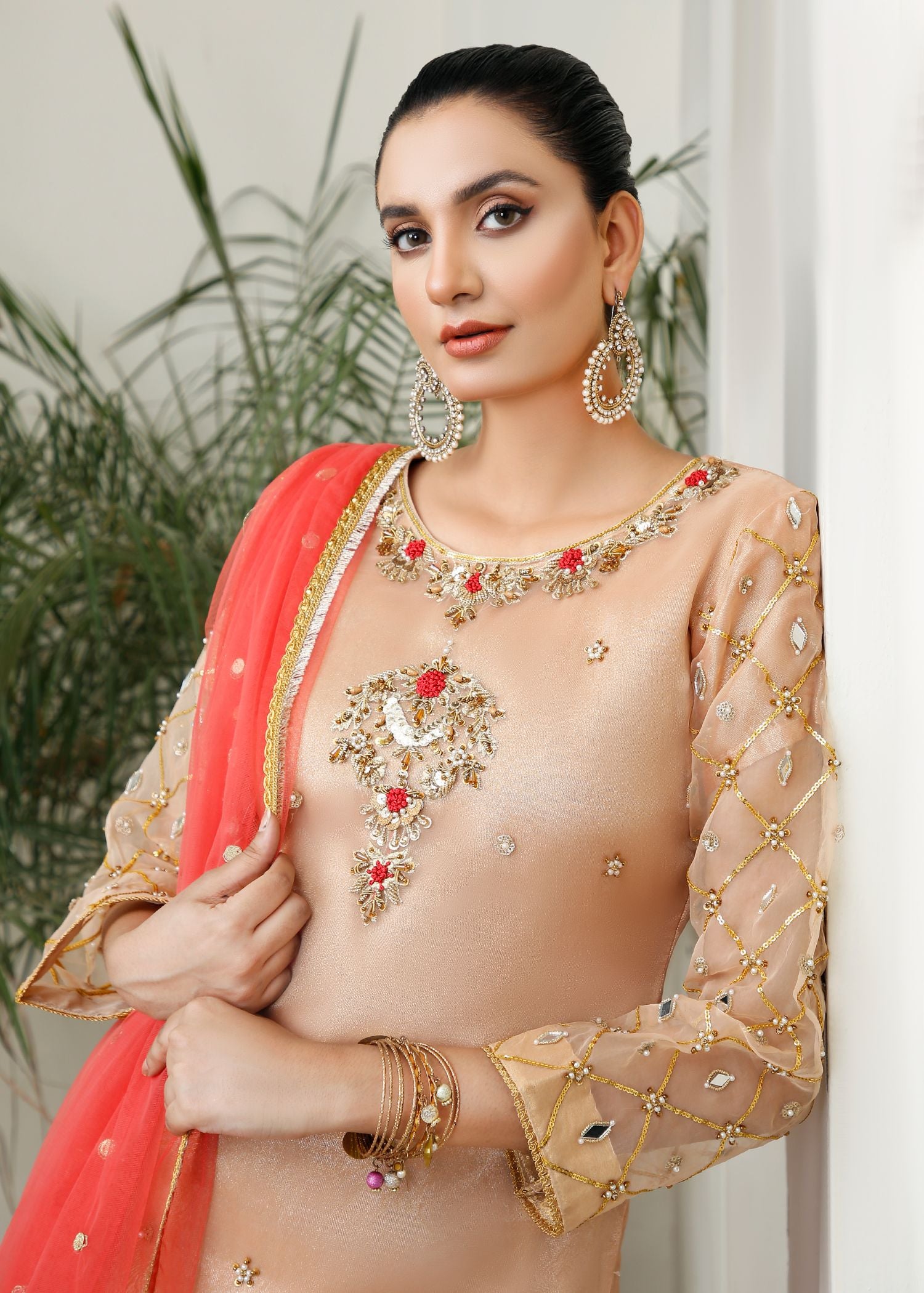 bemberg crinkle chiffon Gharara in Peach pink