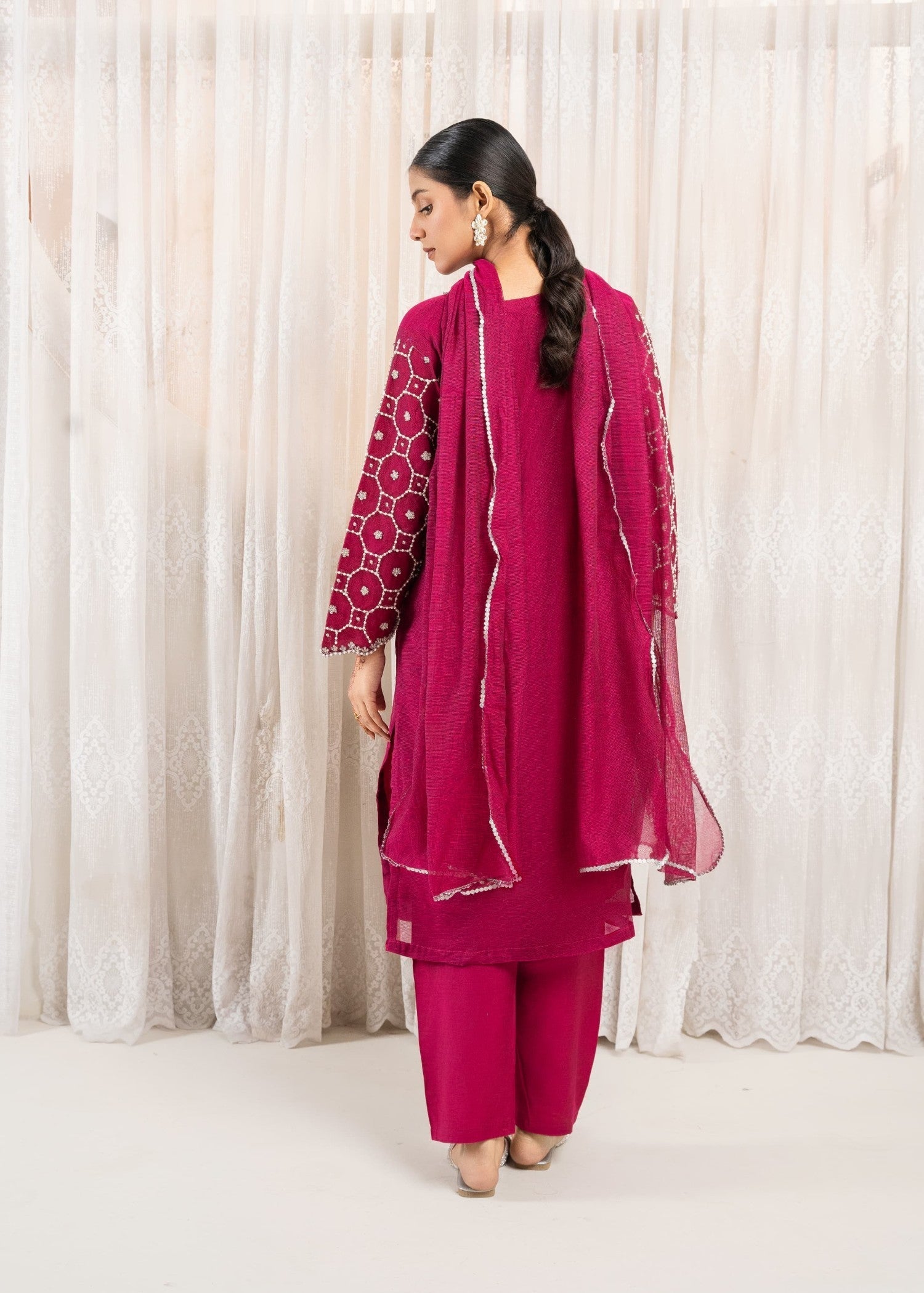 khaddi net Kurta Set in Shocking pink