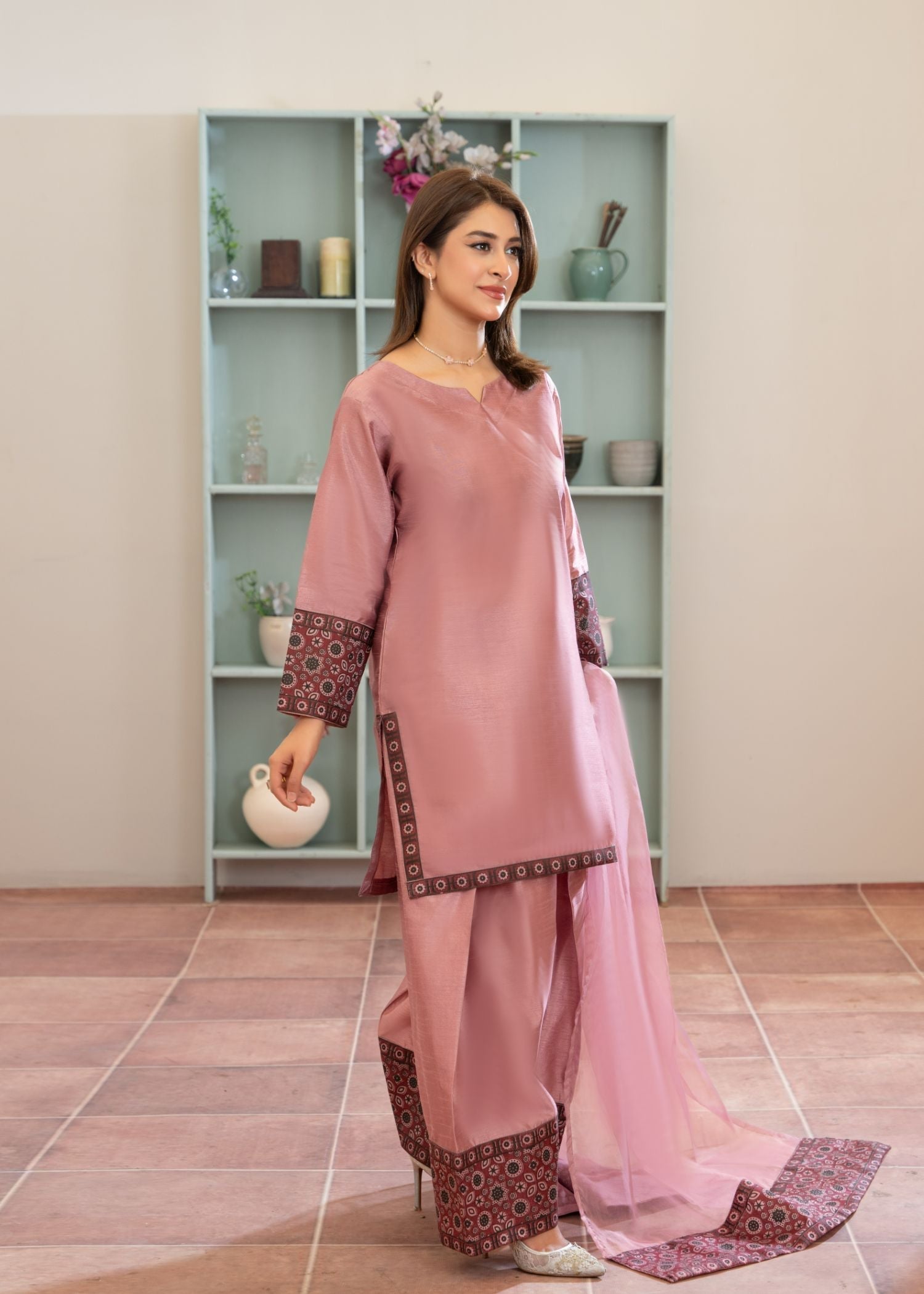 indian raw silk Kurta Set in Peach pink
