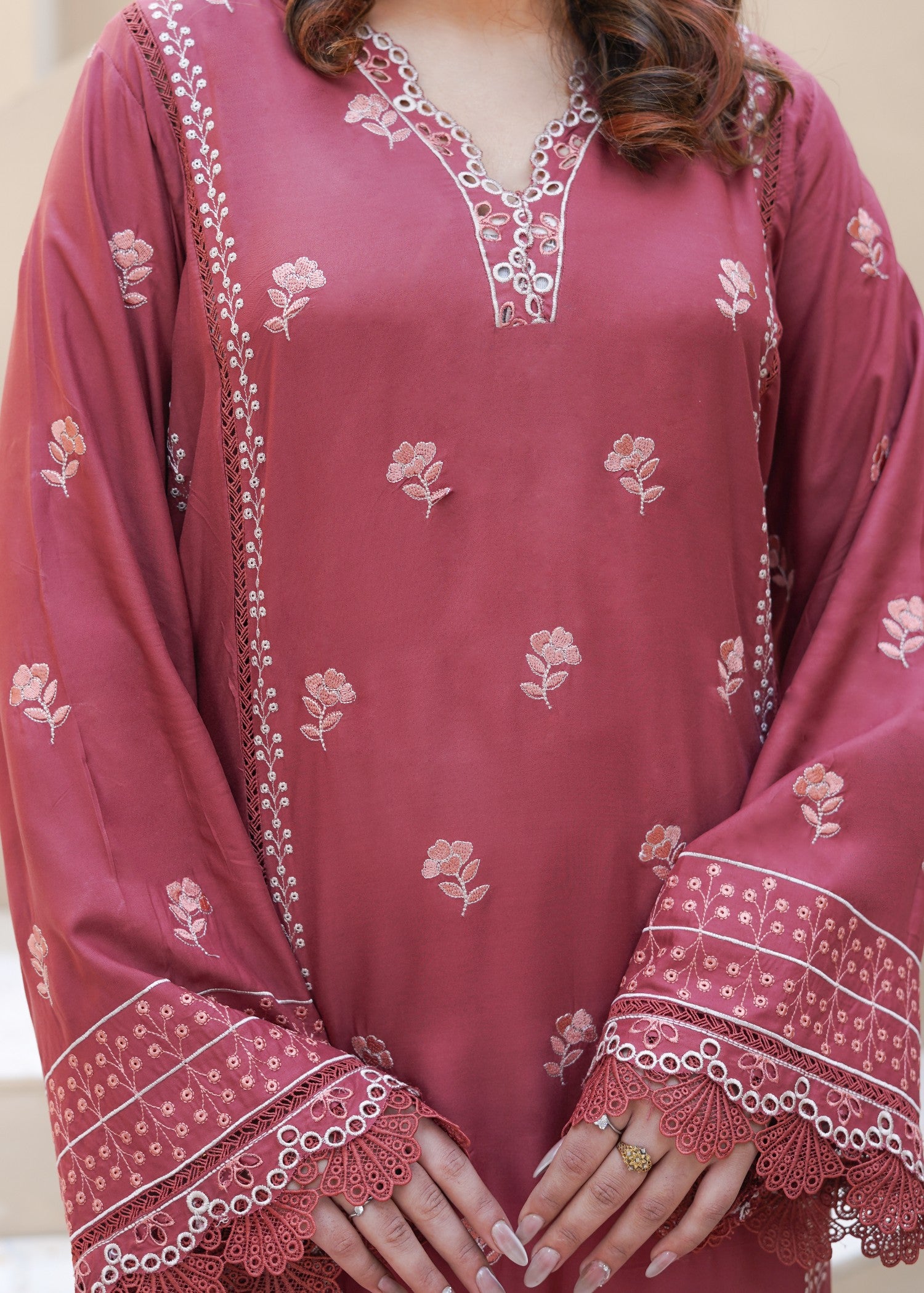 arabic lawn Kurta Set in Coral pink