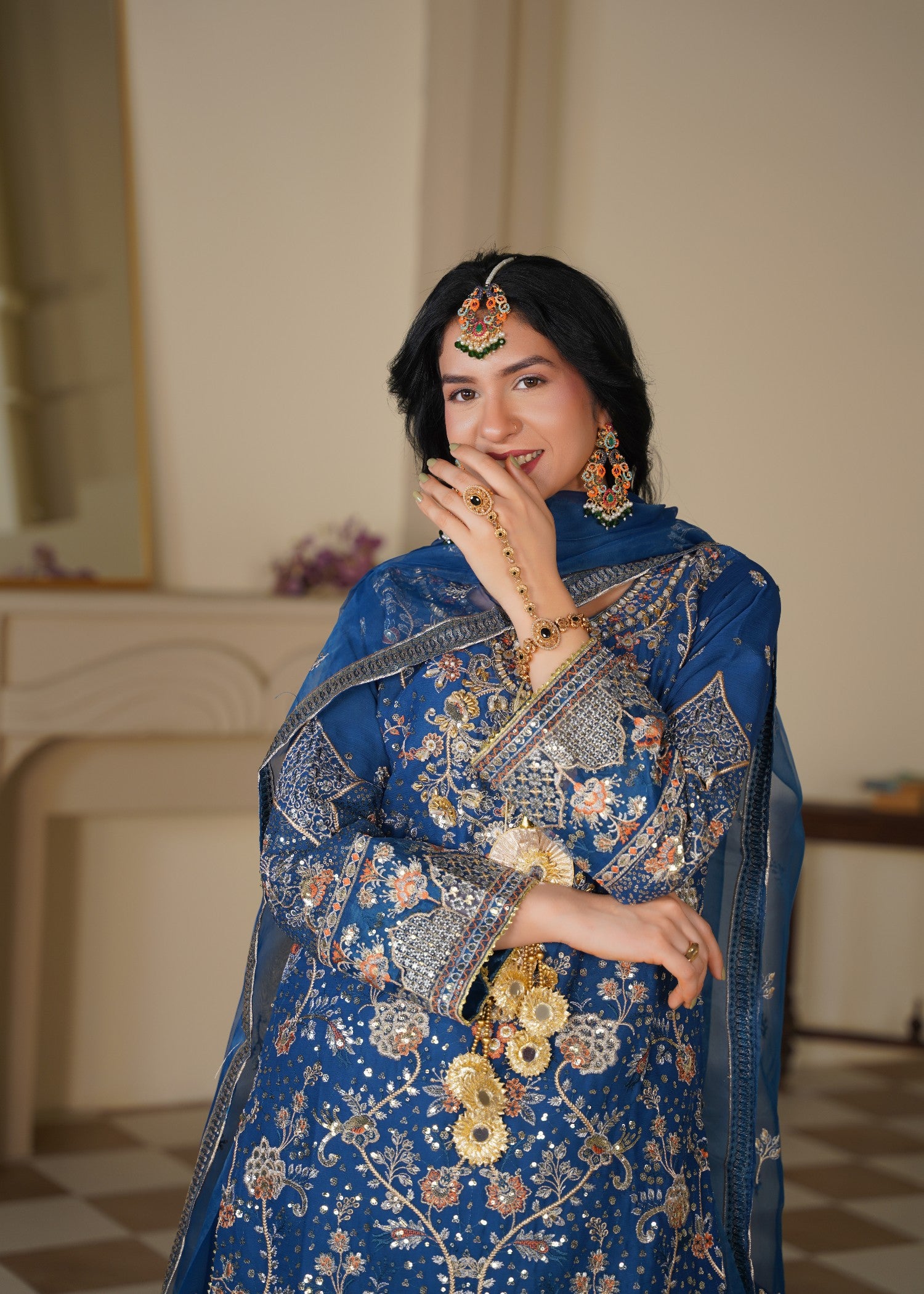chiffon Sharara in Sapphire blue, gold