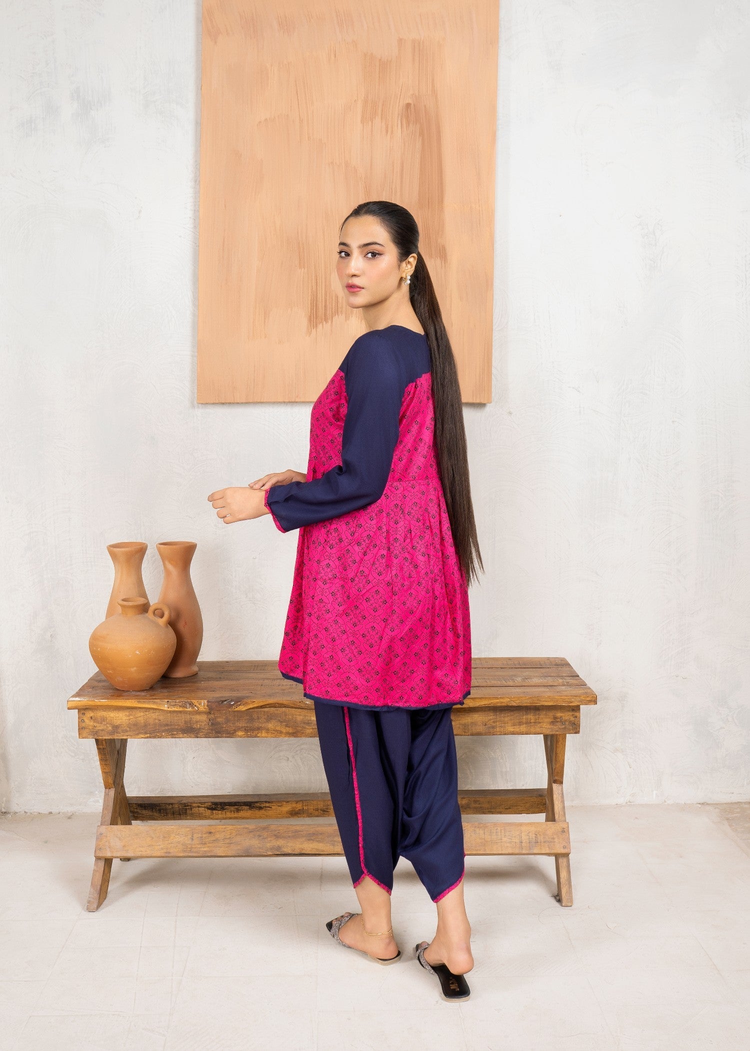 linen Short Frock in Shocking pink