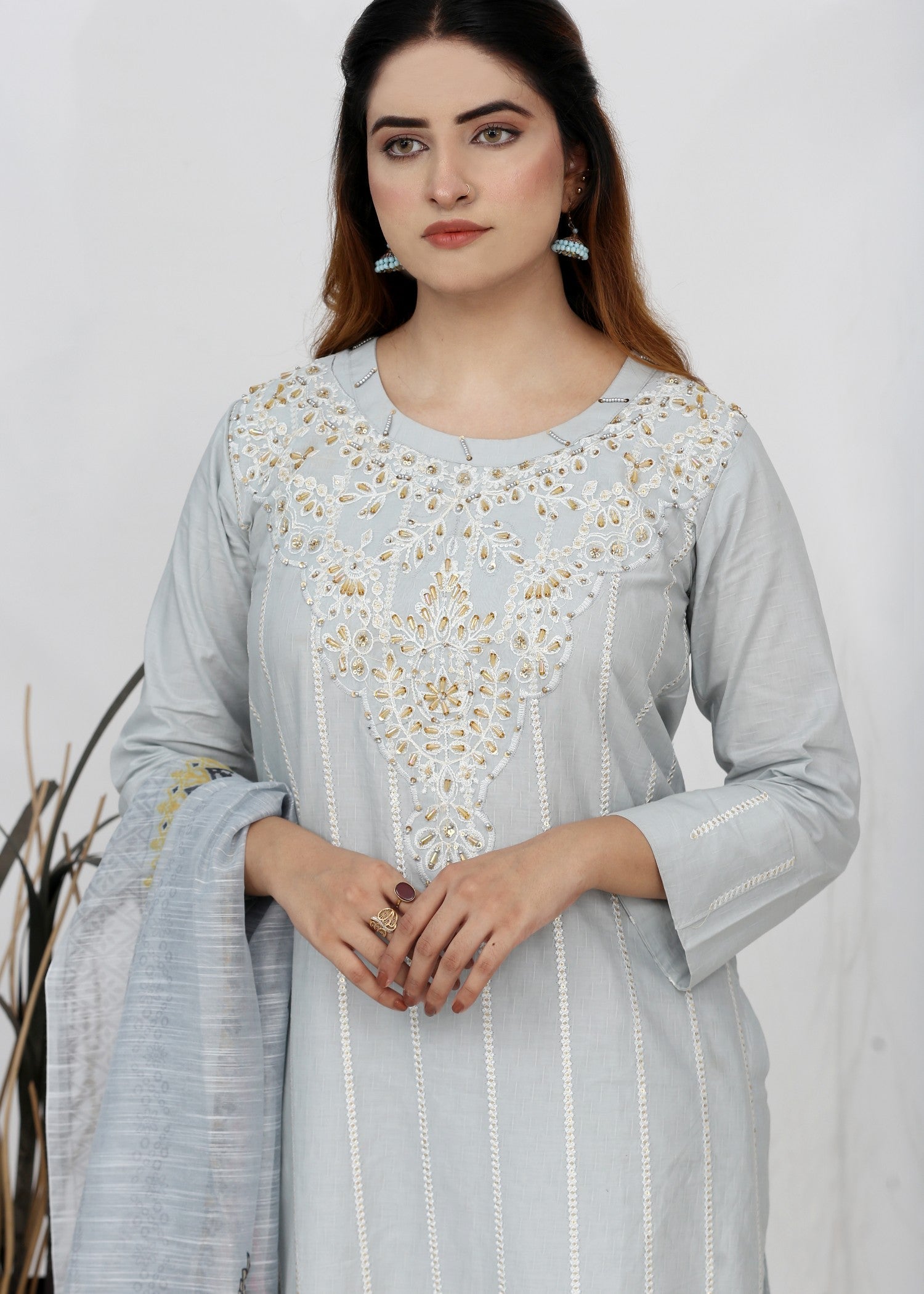 cotton Kurta Set in Light grey