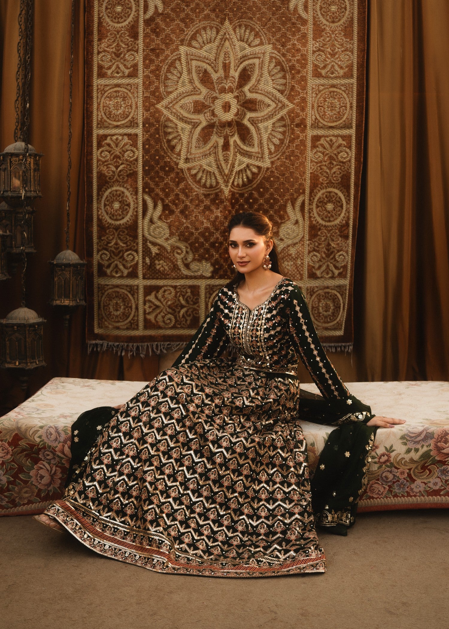 pk chiffon Lehenga in Bottle green