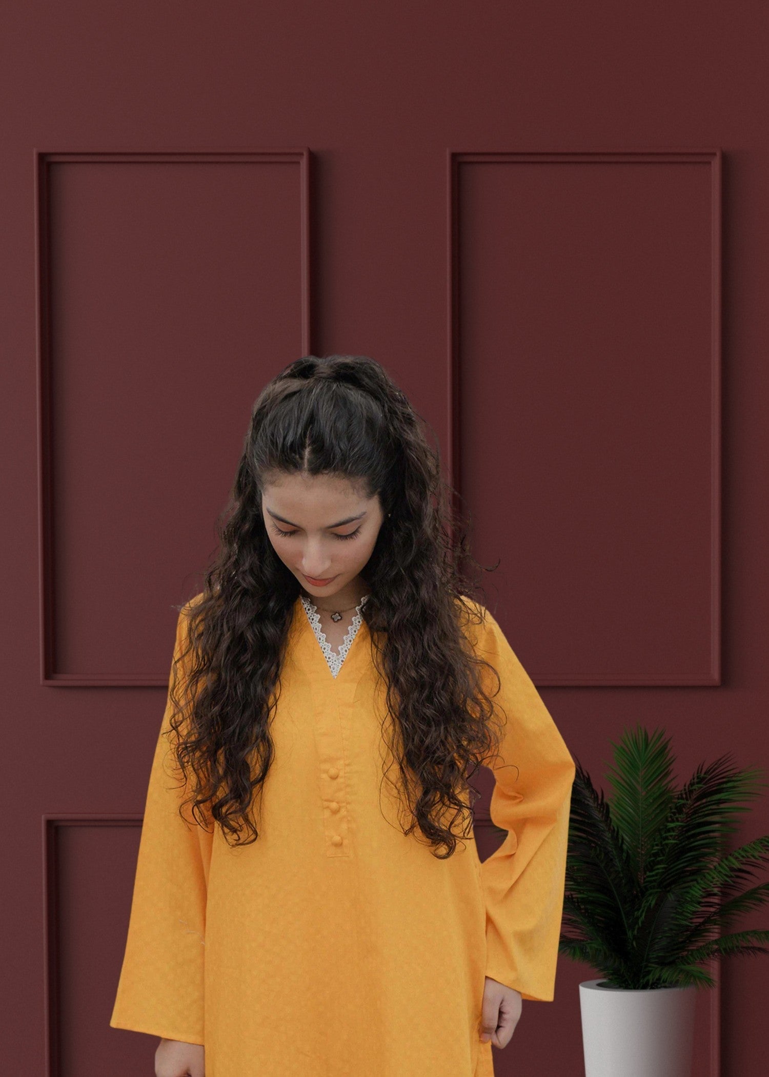 self jacquard Kurta Set in Mustard