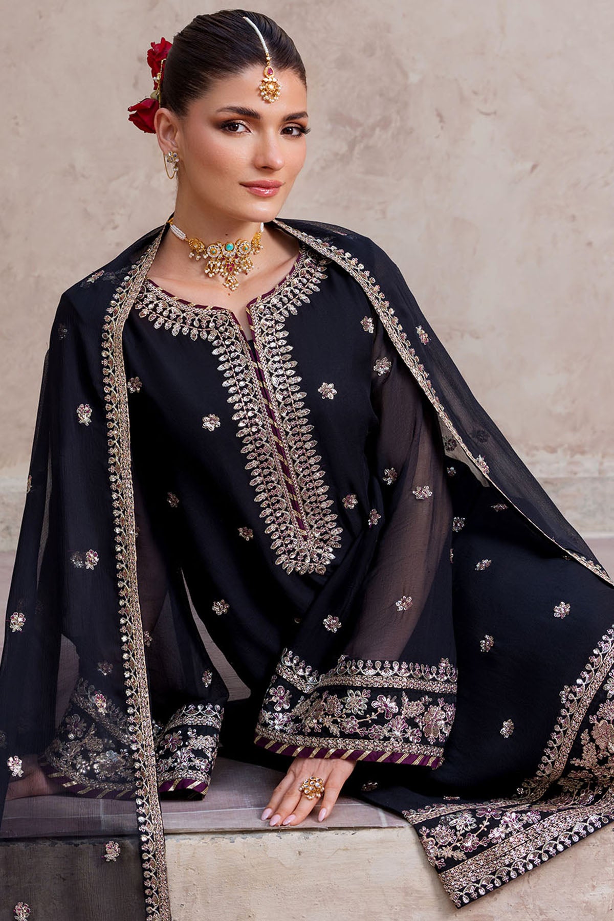 crinkle chiffon Kurta Set in Black