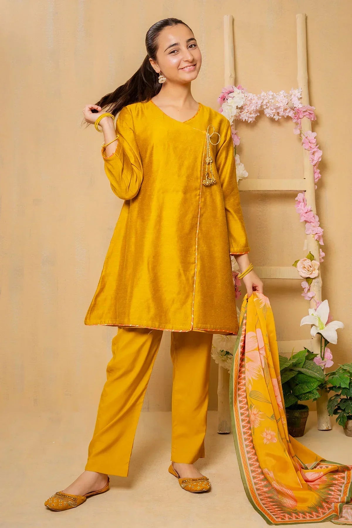 cotton silk Angrakha in Mustard
